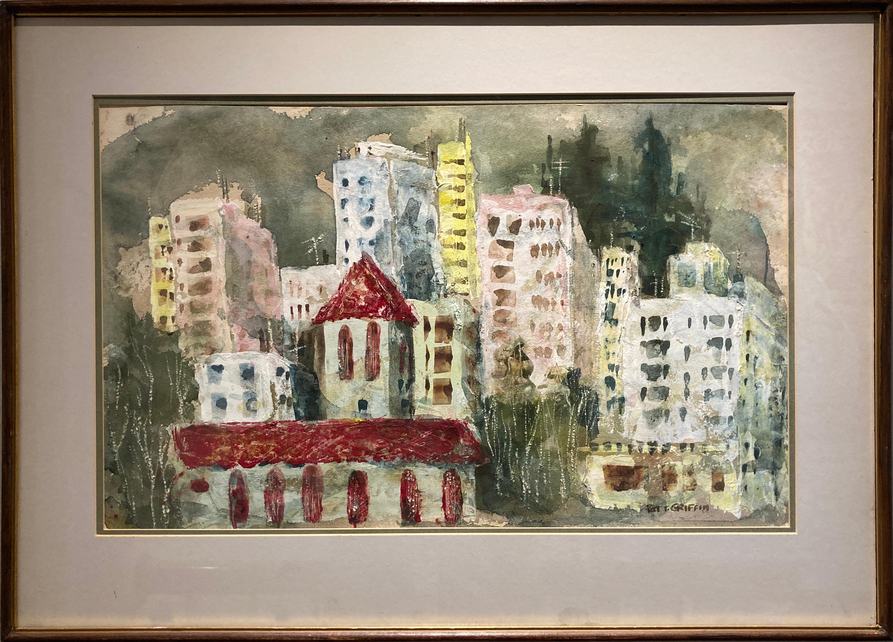 Paysage urbain sans titre' par Pat Griffin ; aquarelle, peinture acrylique