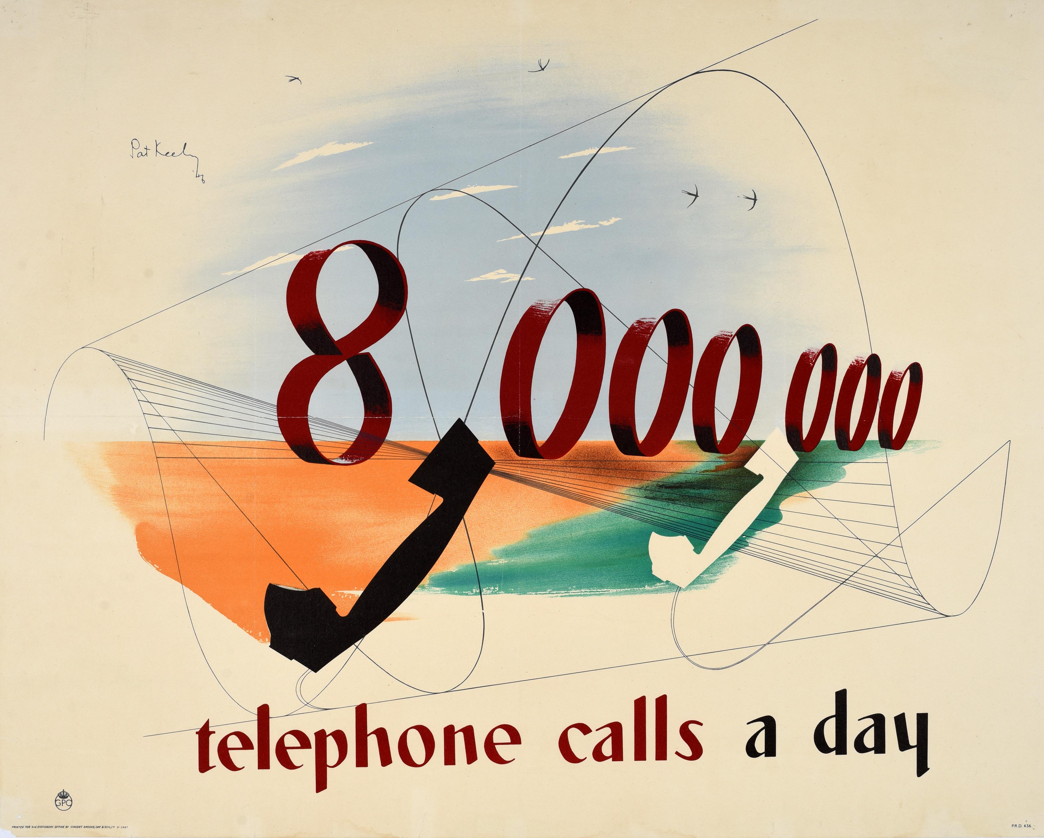 Original vintage poster published by the General Post Office GPO - 8,000,000 telephone calls a day - featuring a great graphic design by the notable British artist Pat Keely (Patrick Cokayne Keely; 1901-1970) depicting the large numbers in deep red