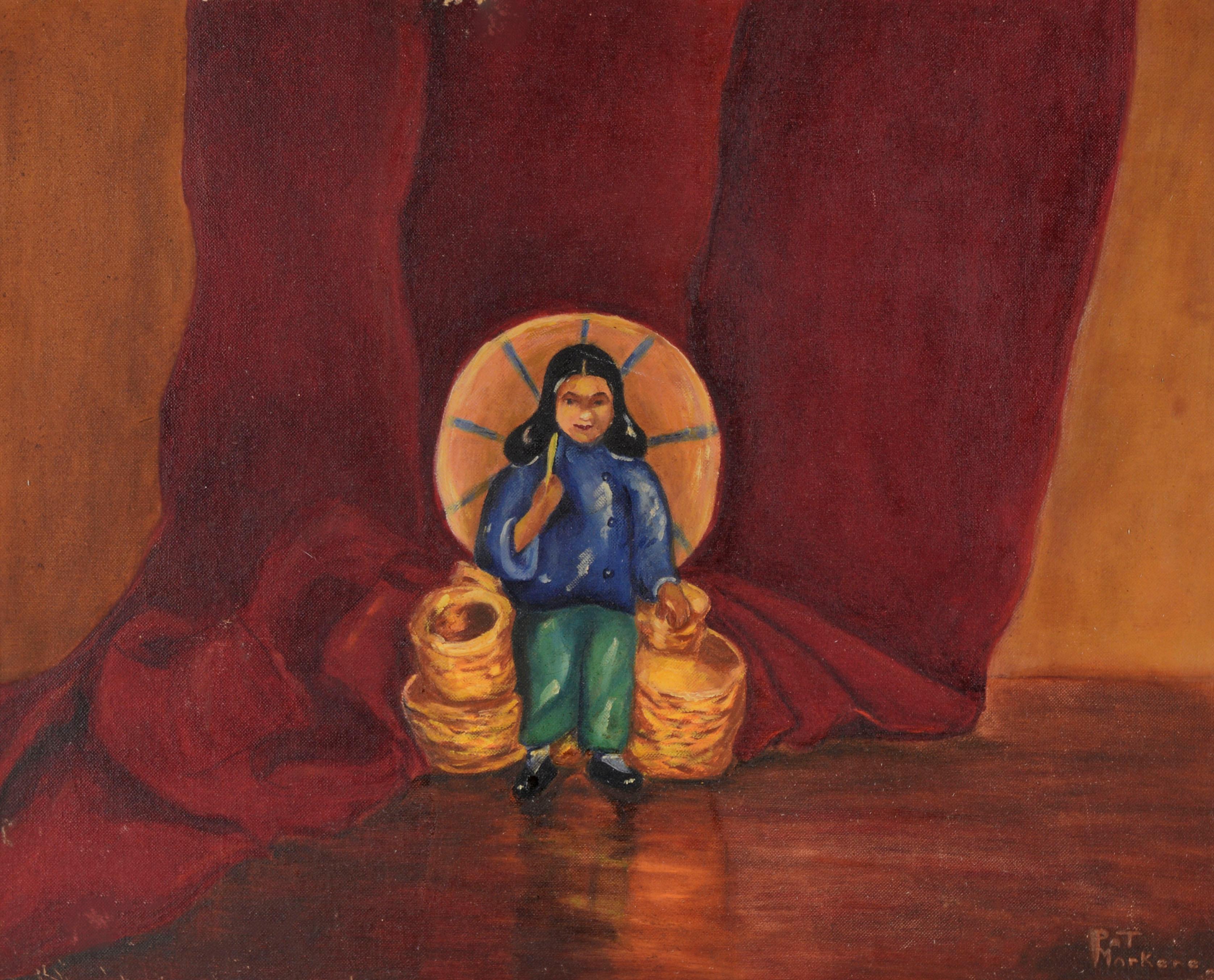 Girl with Umbrella and Baskets - Basket Seller in Old Mexico Original Oil - Painting by Pat Marker