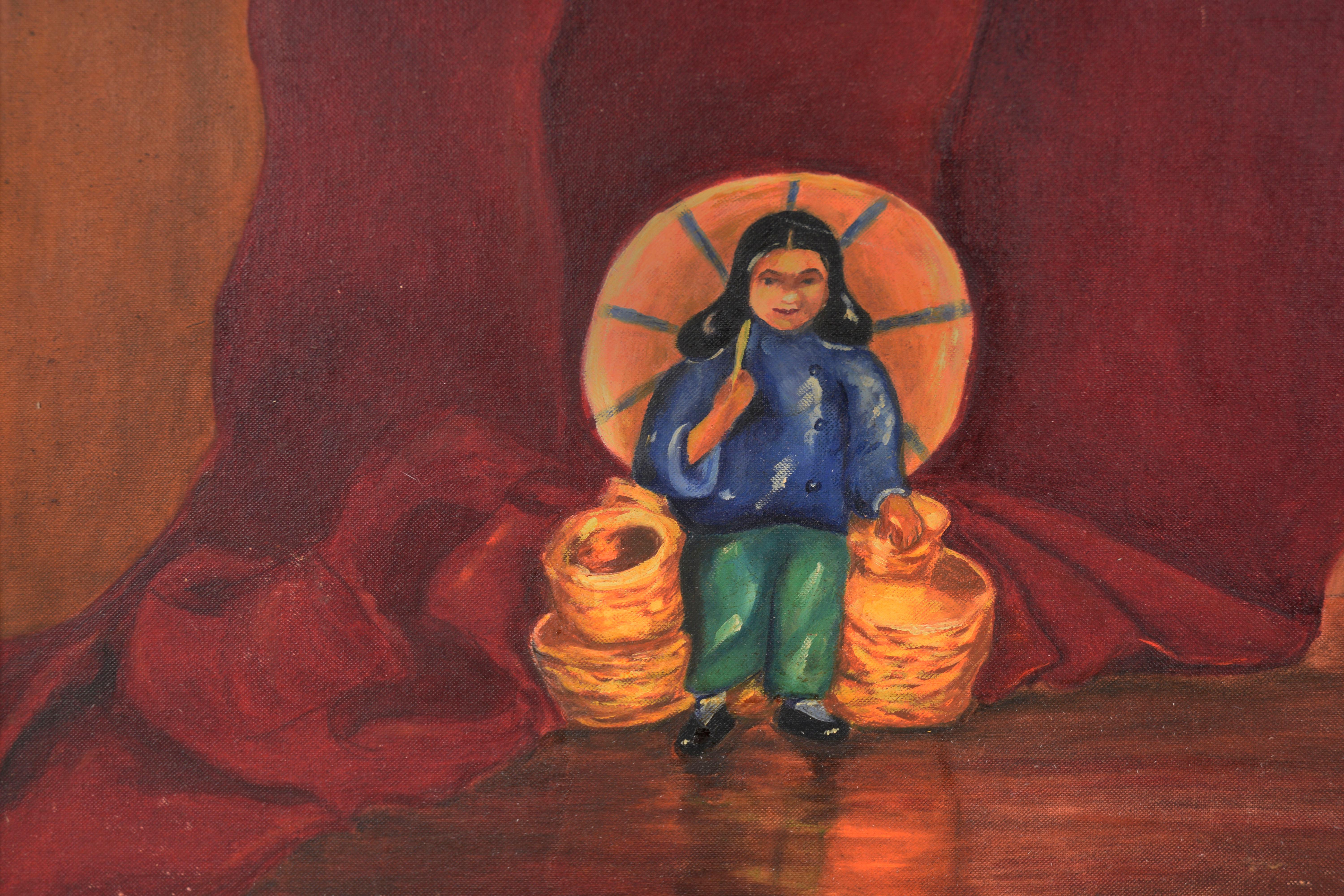 Girl with Umbrella and Baskets - Basket Seller in Old Mexico Original Oil - Impressionist Painting by Pat Marker