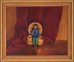 Girl with Umbrella and Baskets - Basket Seller in Old Mexico Original Oil