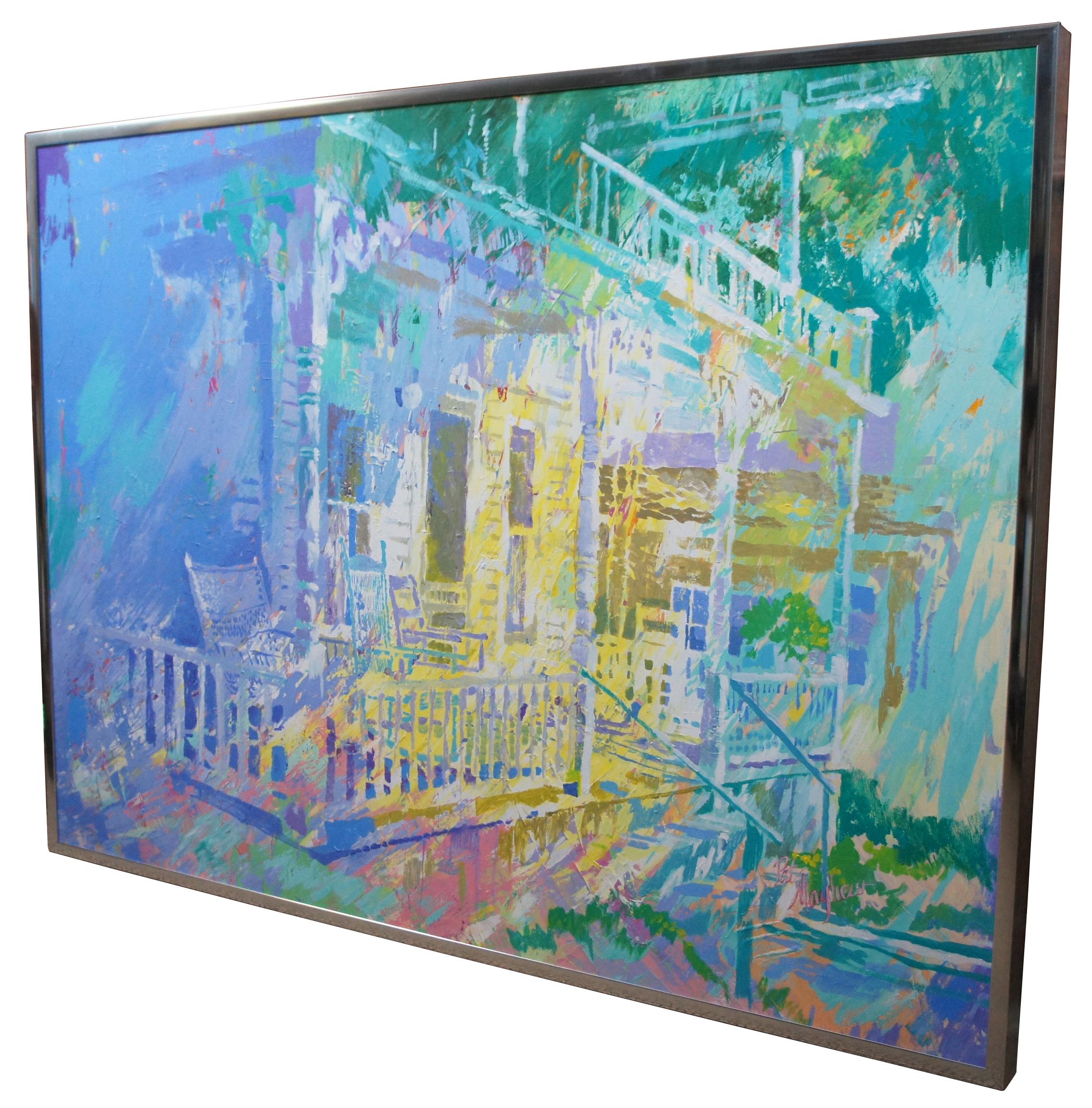 Impressionist architectural painting of a colonial porch reminiscent of New Orleans with rocking chairs under a balcony, oil on canvas signed by artist Pat Mayhew.

Sans frame - 47” x 35”.