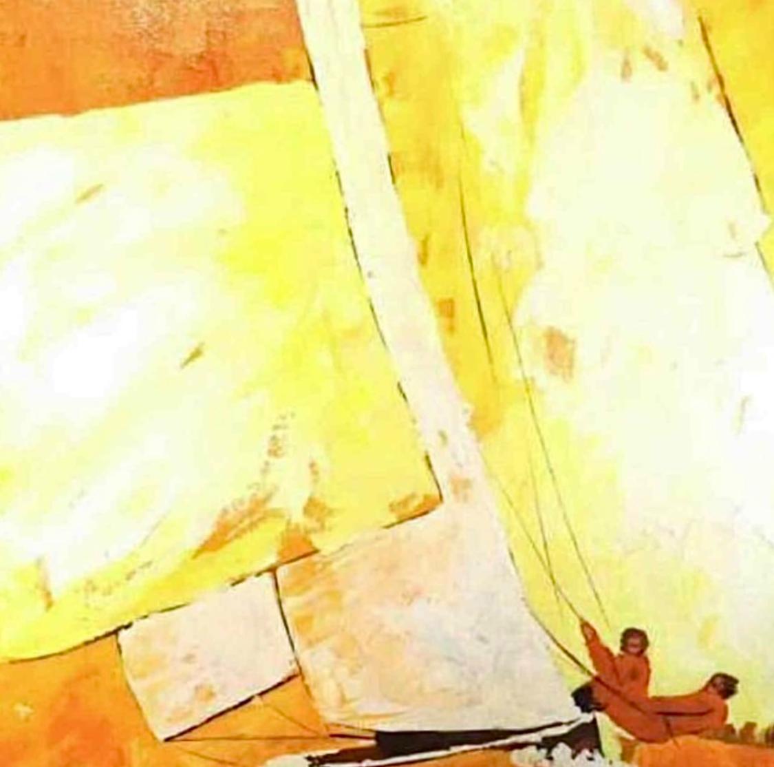 Wonderful, Vibrant, Mid Century Modern, framed oil painting by artist Pat McAlevey 

Fantastic Orange and yellow palette 

McAlevey captures the tense action of sailboat racing, capturing the hull heeling, the sails billowing and two sailors, offset