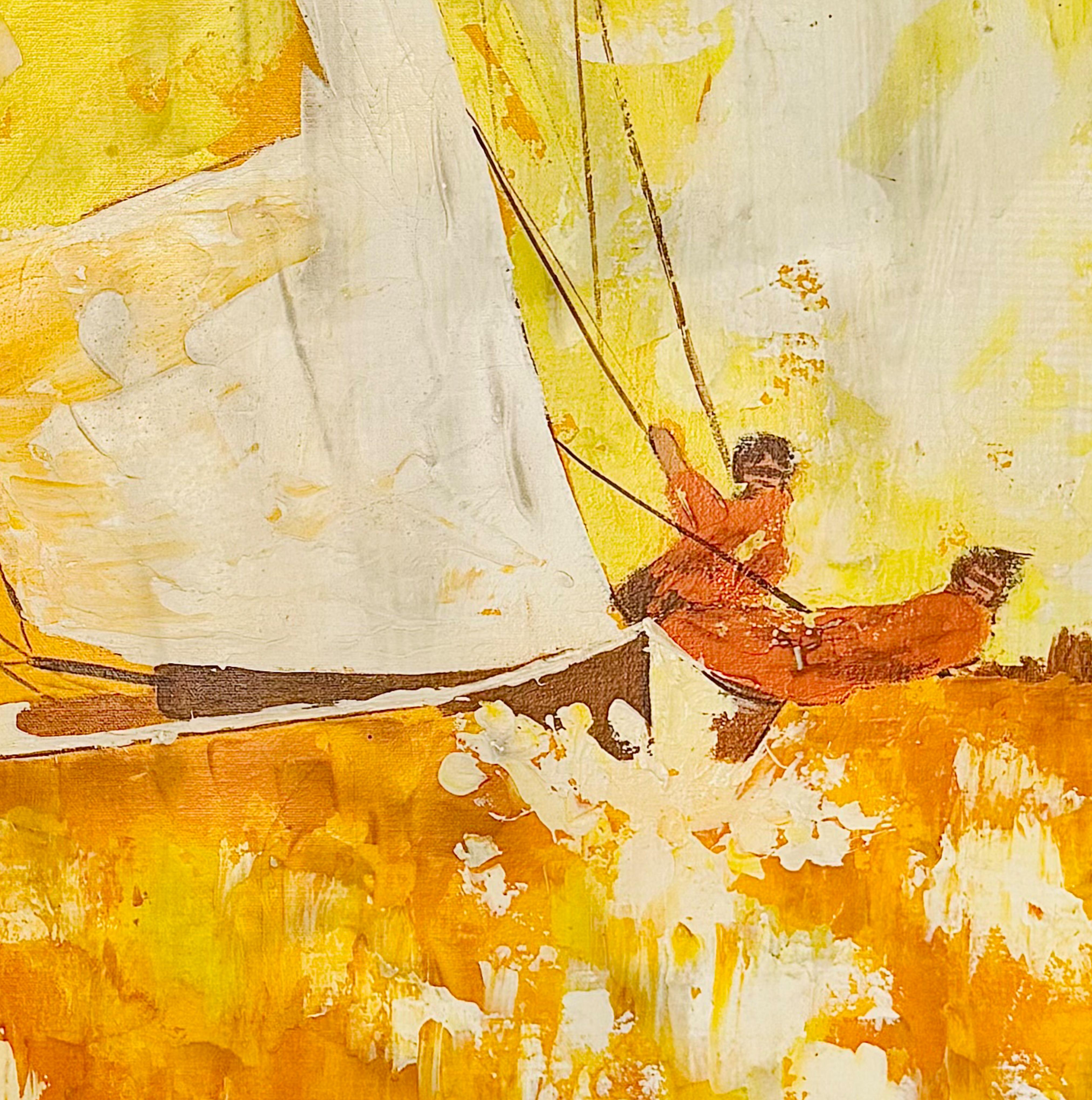Wunderschönes, lebendiges, Mid Century Modernes, gerahmtes Ölgemälde des Künstlers Pat McAlevey 

Fantastische Palette von Orange und Gelb 

McAlevey fängt die spannungsgeladene Action einer Segelregatta ein, indem er die Krängung des Rumpfes, die