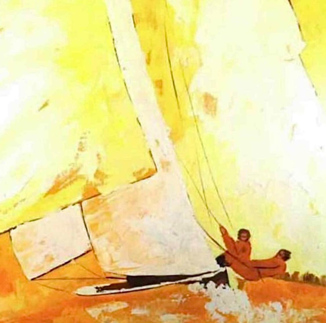 Mid-Century Modern Pat McAlevey Mid Century Modern Abstract “Full Sail” Sailboat Race Oil Painting For Sale