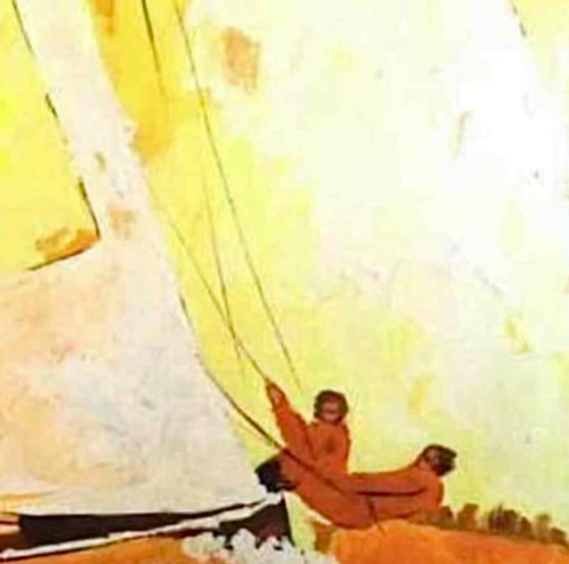 American Pat McAlevey Mid Century Modern Abstract “Full Sail” Sailboat Race Oil Painting For Sale