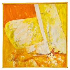 Pat McAlevey Mid Century Modern Abstract “Full Sail” Sailboat Race Oil Painting