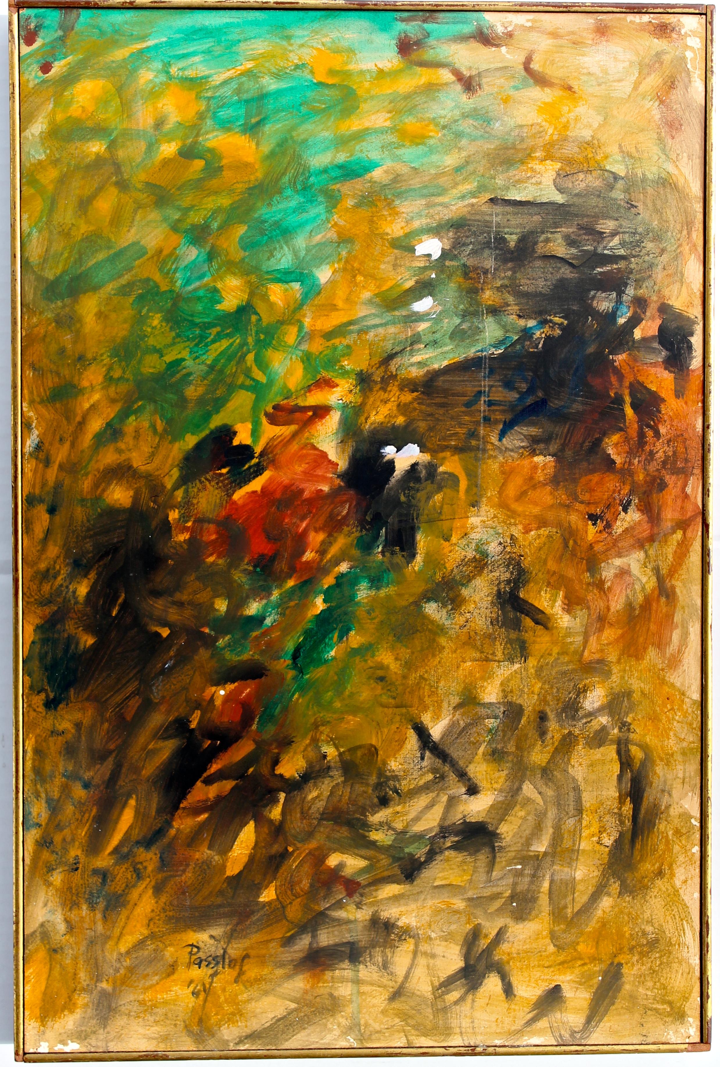 A very fine and expressive small oil on Masonite, framed with thin gilded wood strips. Passlof (1928-2011), an important 'Second Generation' New York School artist was a student of de Kooning at Black Mountain, continued to study with him and was