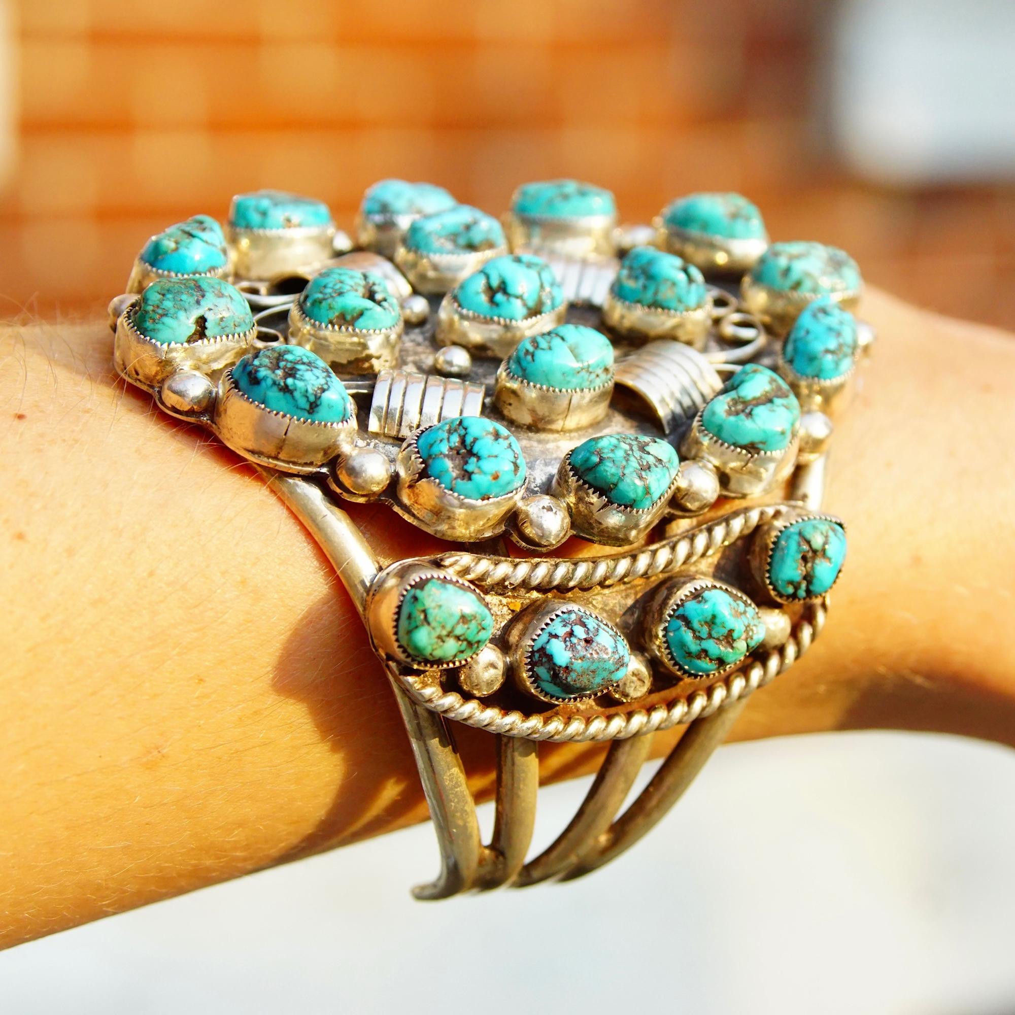 Cabochon Pat Platero HUGE Navajo Sterling Silver Turquoise Cluster Cuff Bracelet For Sale