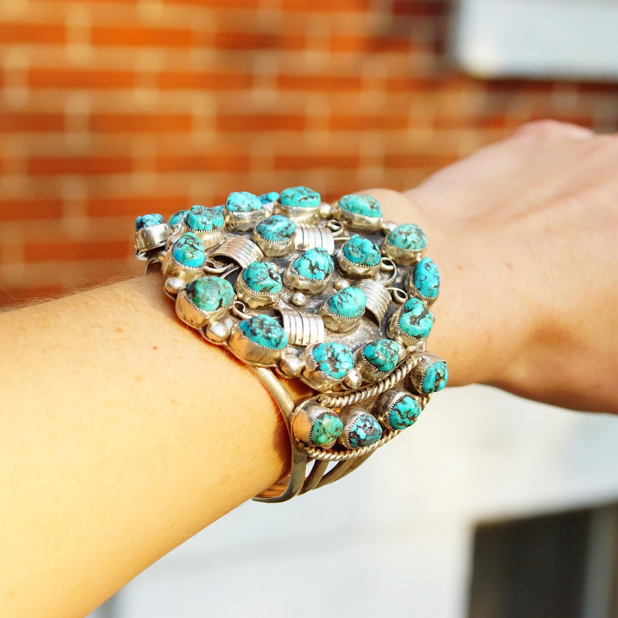 Women's or Men's Pat Platero HUGE Navajo Sterling Silver Turquoise Cluster Cuff Bracelet For Sale