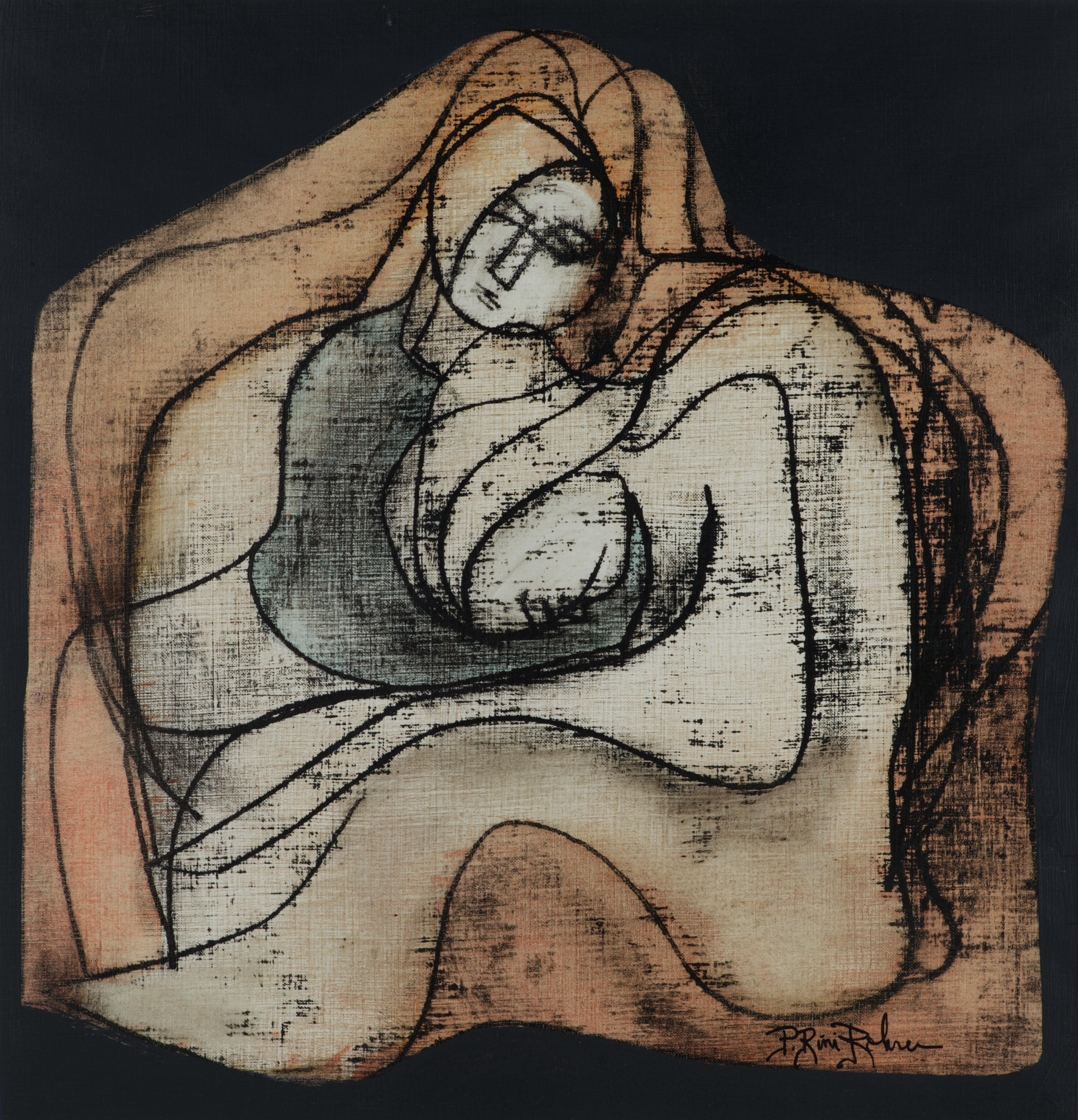 Dipinto a mano Pat Rini Rohrer, Quadro organico moderno di metà secolo, incorniciato in vendita