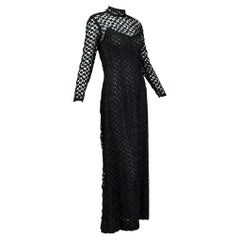 Pat Sandler Black Bohemian Illusion Crochet Mock Neck Maxi Dress- XS, late 1960s