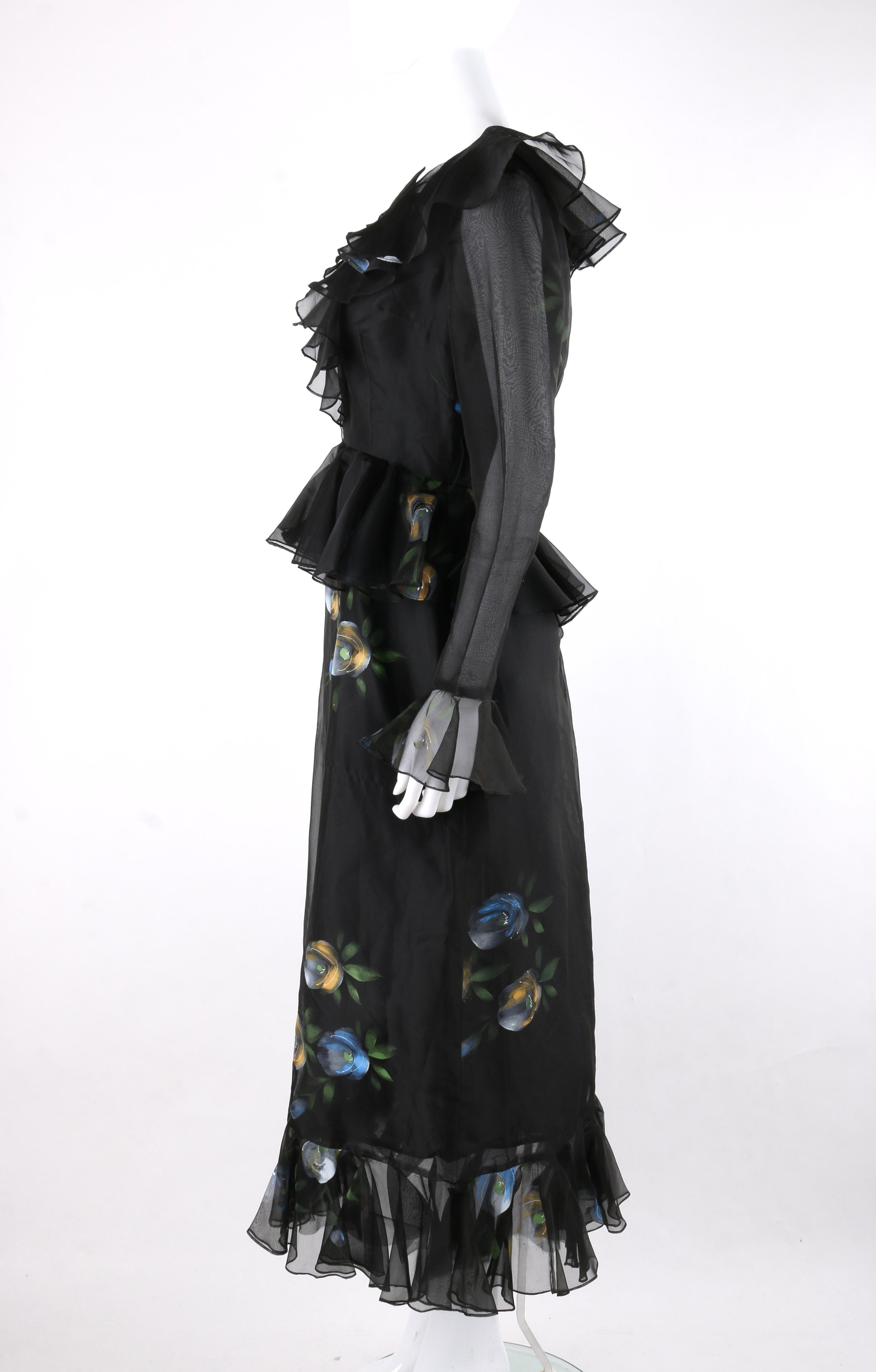 PAT SANDLER for LILLIE RUBIN c.1960's Black Hand Painted Floral Tulip Dress  In Good Condition In Thiensville, WI
