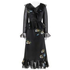PAT SANDLER pour LILLIE RUBIN Robe tulipe noire peinte à la main à motifs floraux, circa années 1960