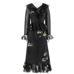 PAT SANDLER for LILLIE RUBIN c.1960's Black Hand Painted Floral Tulip Dress 