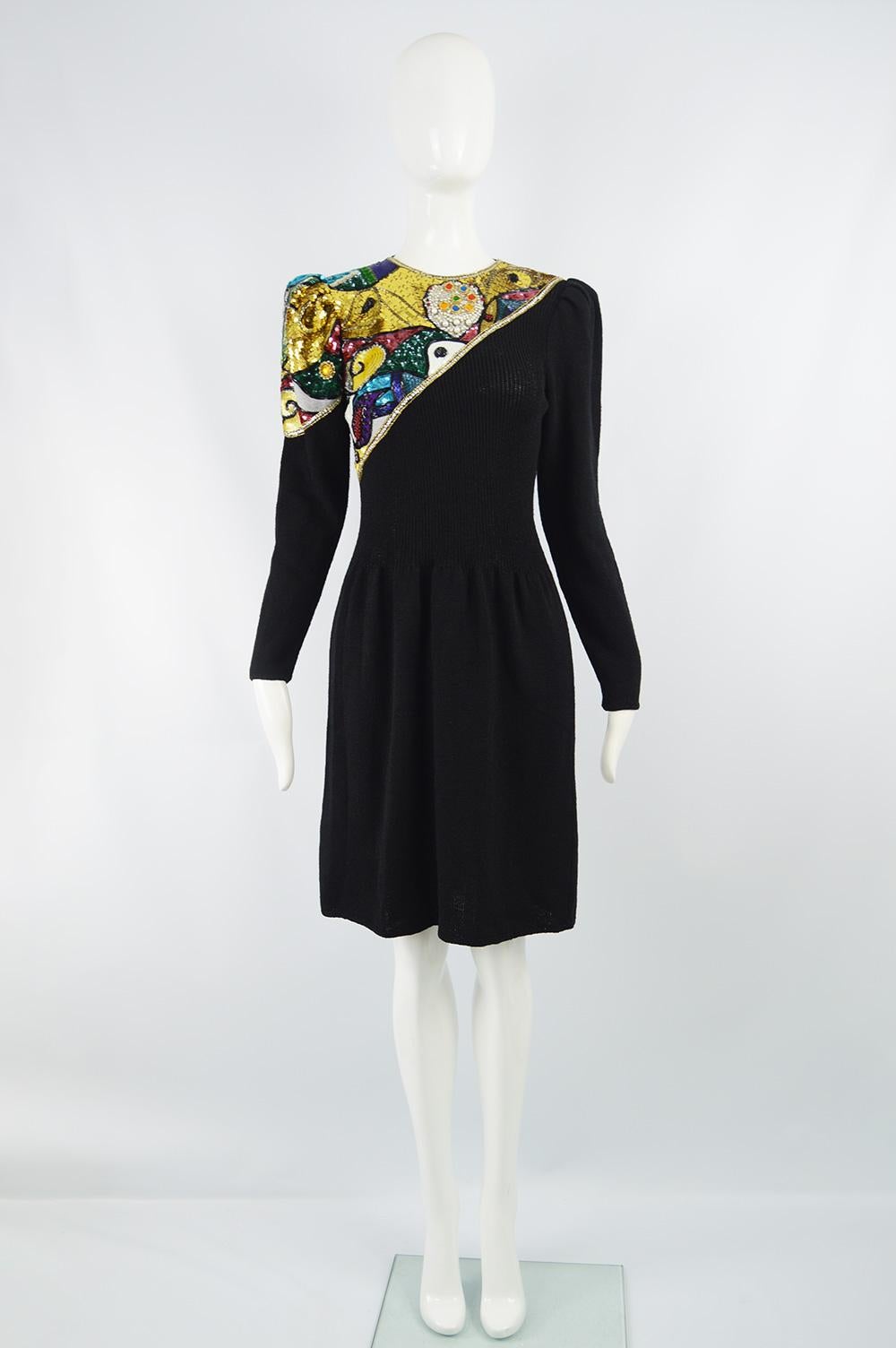 A fabulous vintage evening dress from the 80s by luxury American fashion designer, Pat Sandler. In a black knit fabric with gold & multicolored beading and sequins. Perfect for a cocktail or holiday party. 

Size: Marked US 6 which is roughly a UK
