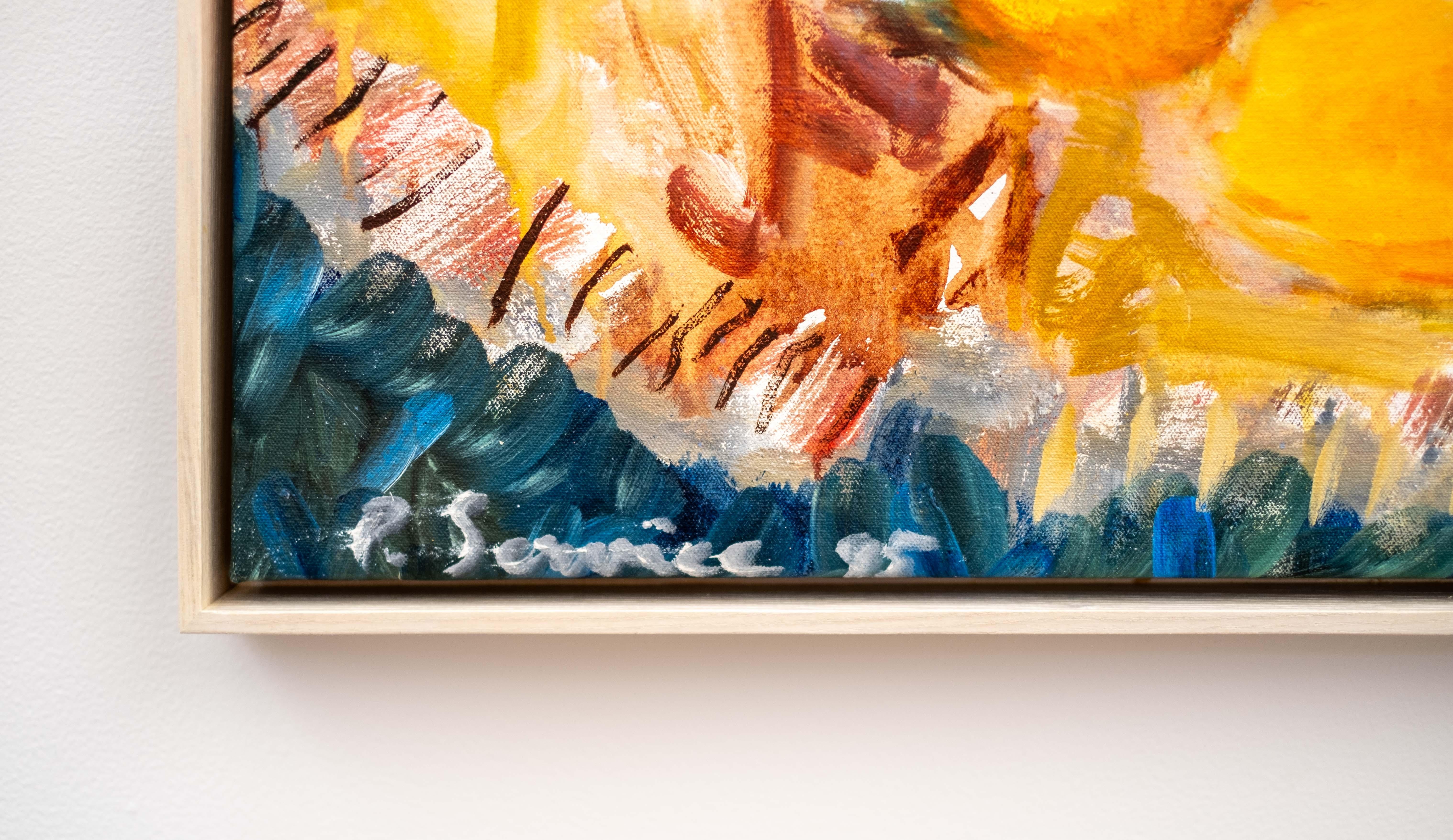 A Case for Cushions - natura morta floreale contemporanea, acrilico e olio su tela - Painting di Pat Service