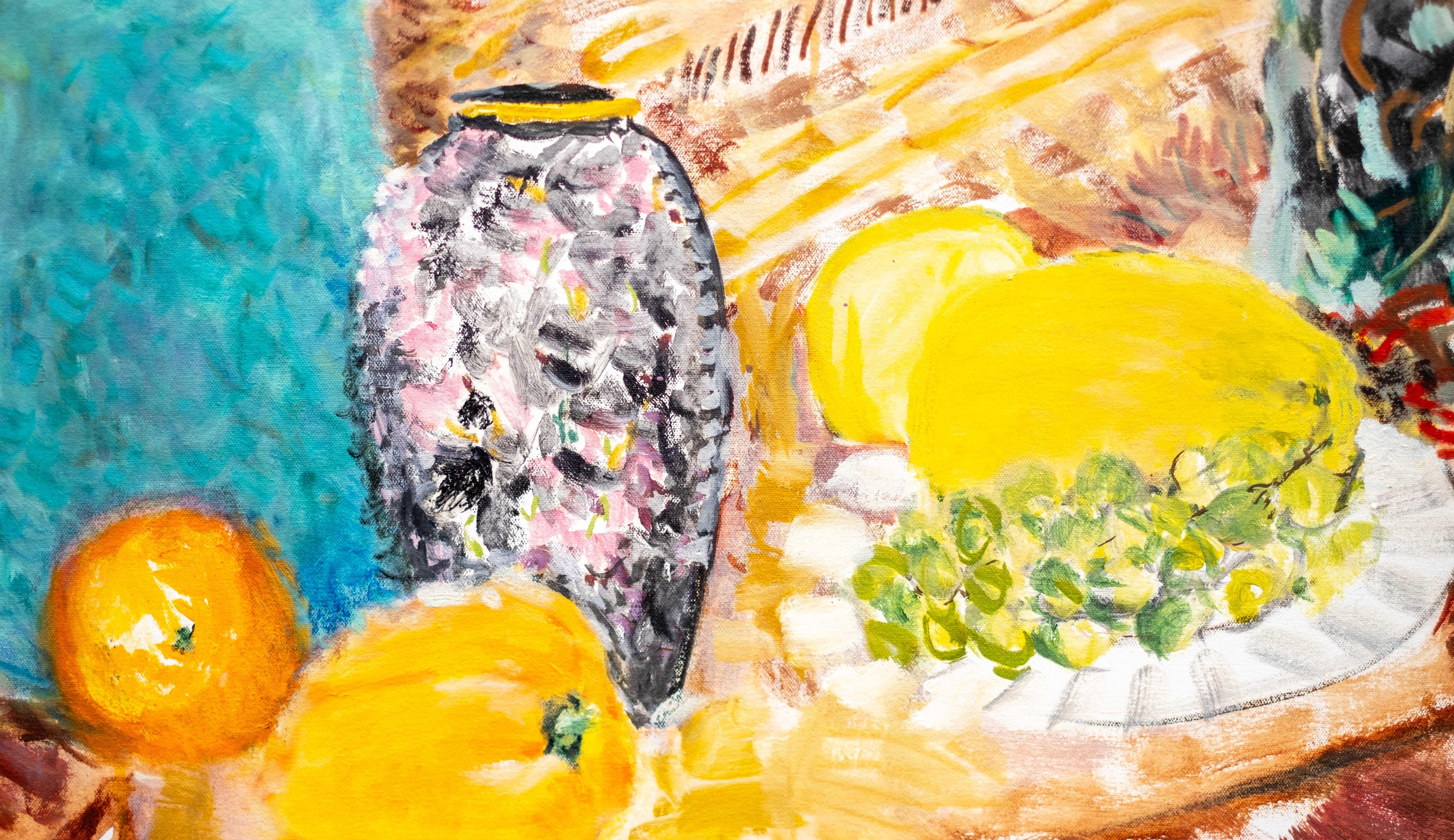 A Case for Cushions - natura morta floreale contemporanea, acrilico e olio su tela - Painting Contemporaneo di Pat Service