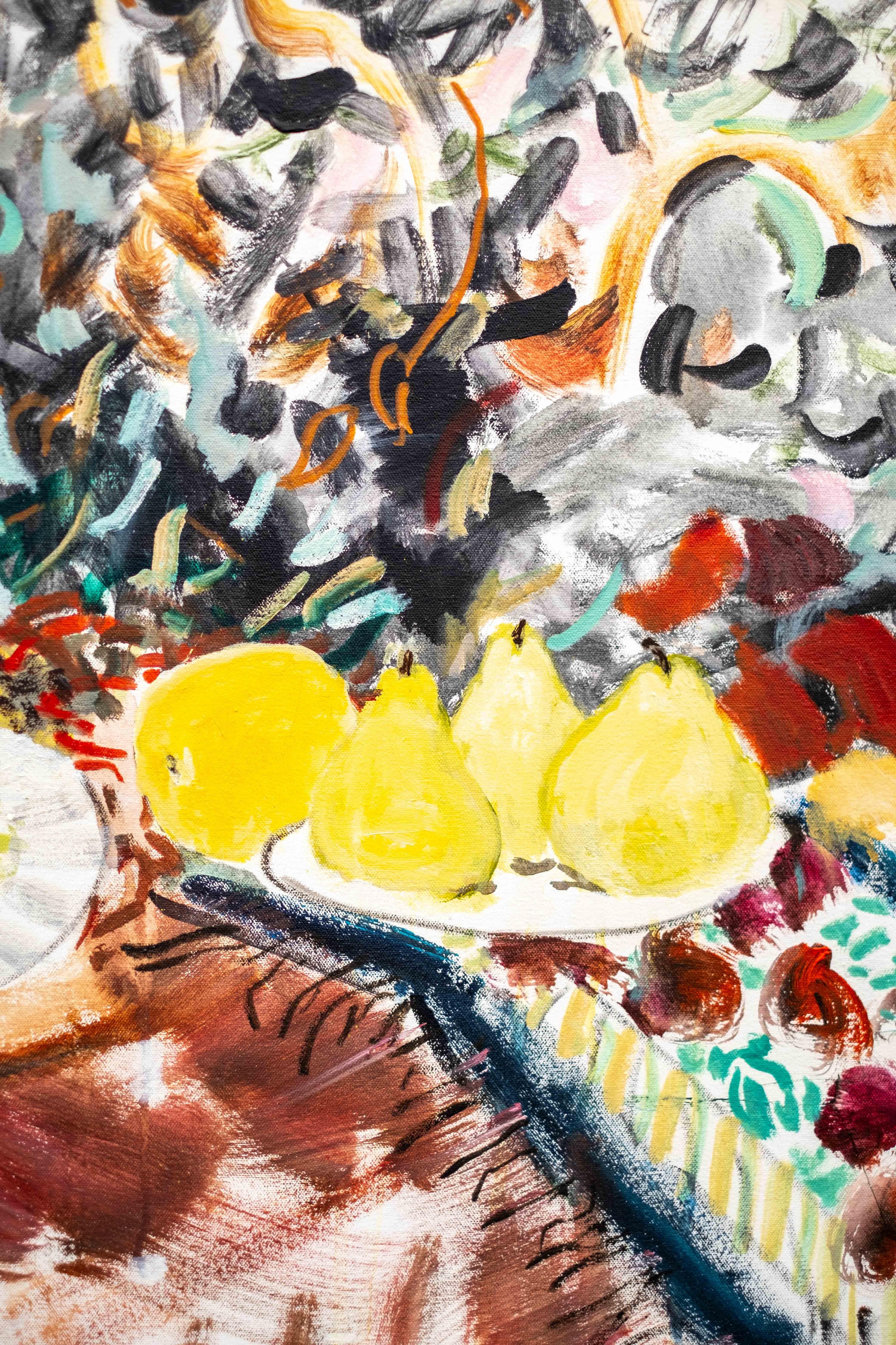 A Case for Cushions - natura morta floreale contemporanea, acrilico e olio su tela - Still-Life Painting Beige di Pat Service