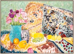 A Case for Cushions - contemporary, floral still life, acrylic and oil on canvas