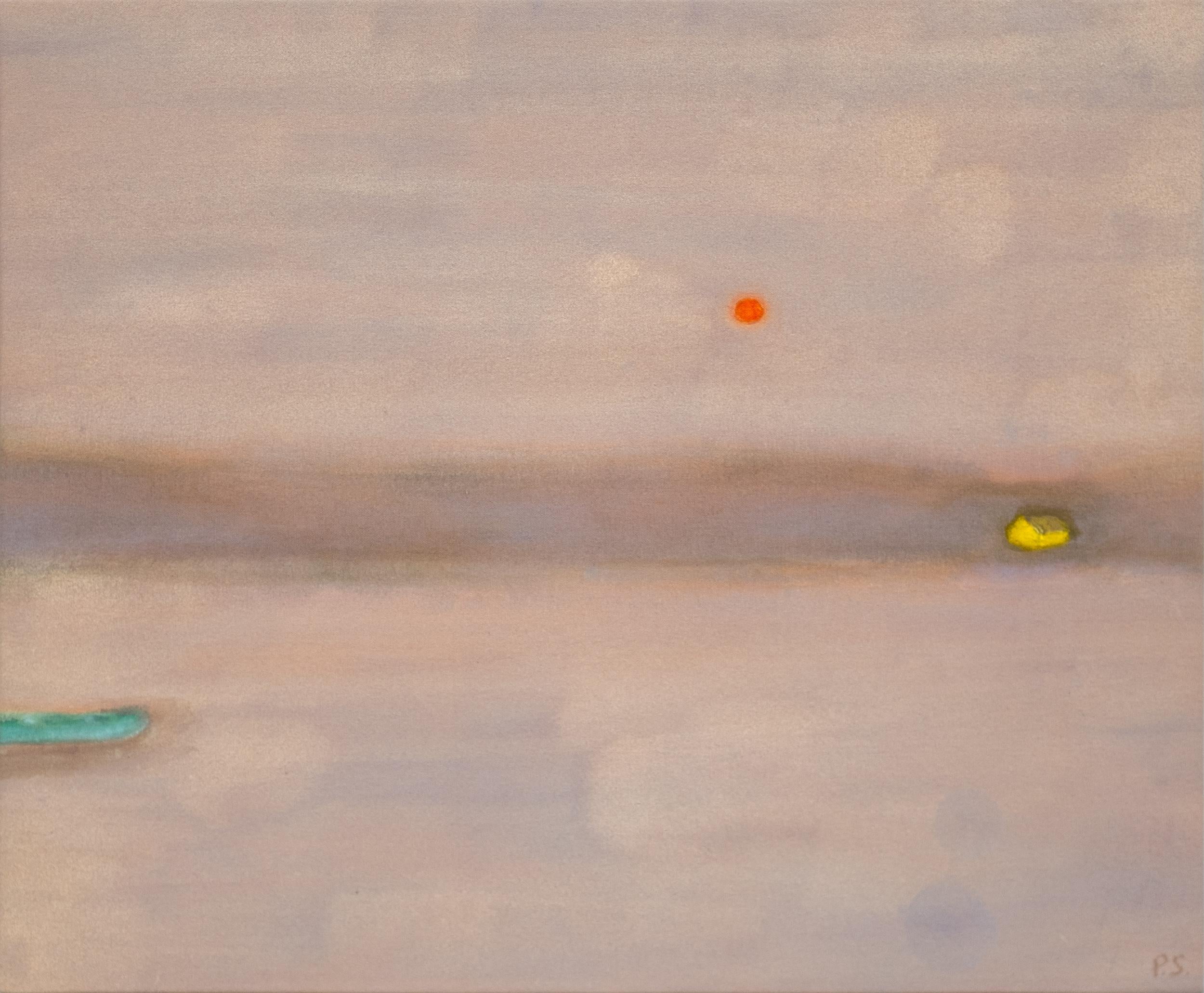 This minimalist abstract landscape painting of a lake at dusk is by Pat Service.
 
In the Canadian art world, the name Pat Service has long resonated as one of the country’s finest landscape painters. Over the course of an impressive, decades-long