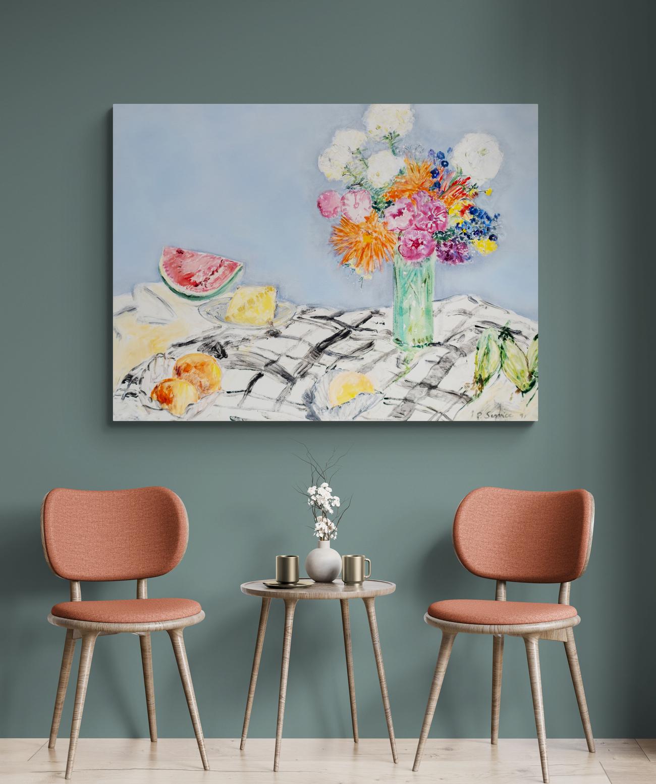 August Still Life - contemporary, floral, still life, acrylic and oil on canvas For Sale 5
