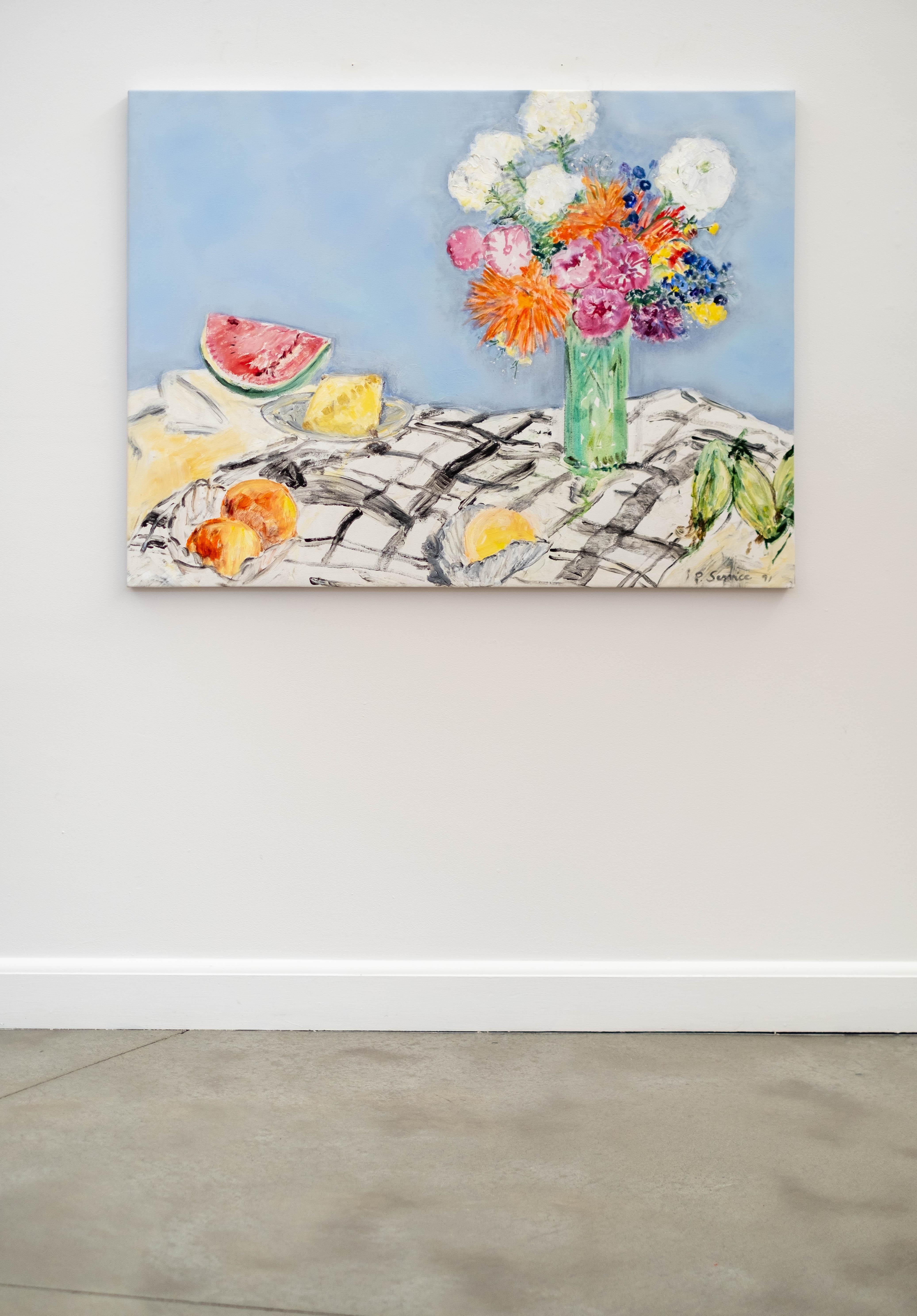 August Still Life - contemporary, floral, still life, acrylic and oil on canvas - Painting by Pat Service