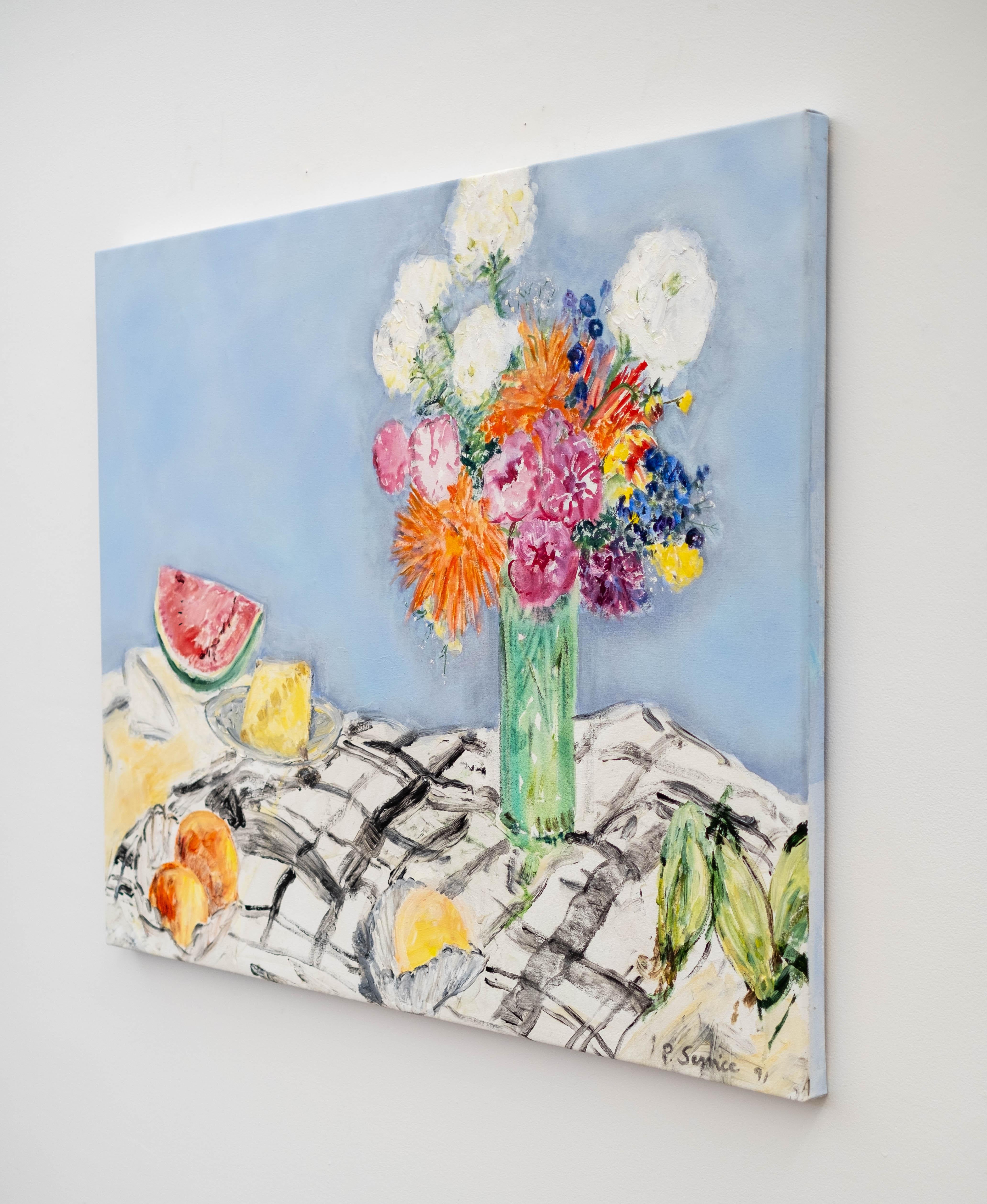 August Still Life - contemporary, floral, still life, acrylic and oil on canvas - Contemporary Painting by Pat Service