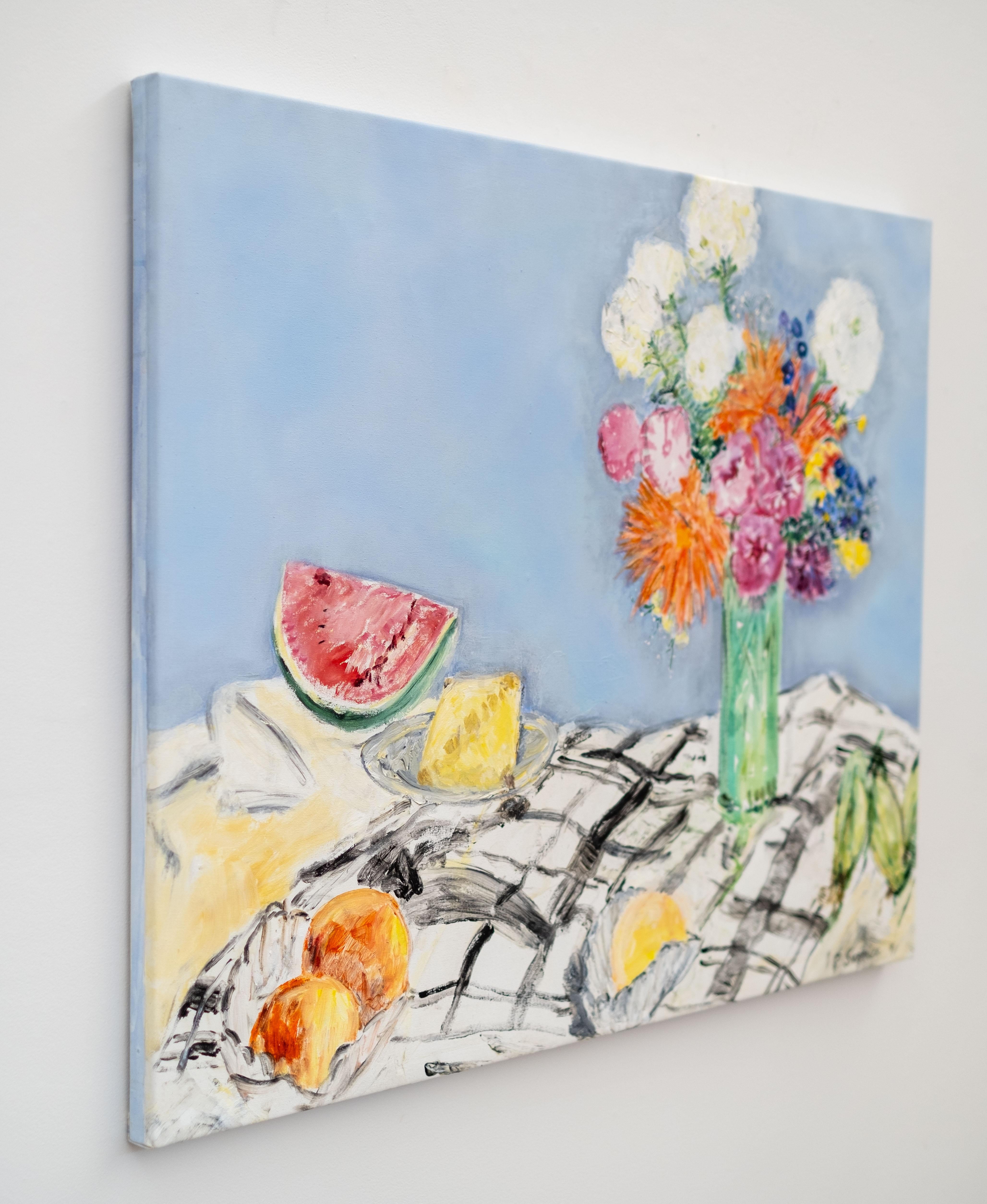 August Still Life - contemporary, floral, still life, acrylic and oil on canvas - Gray Still-Life Painting by Pat Service