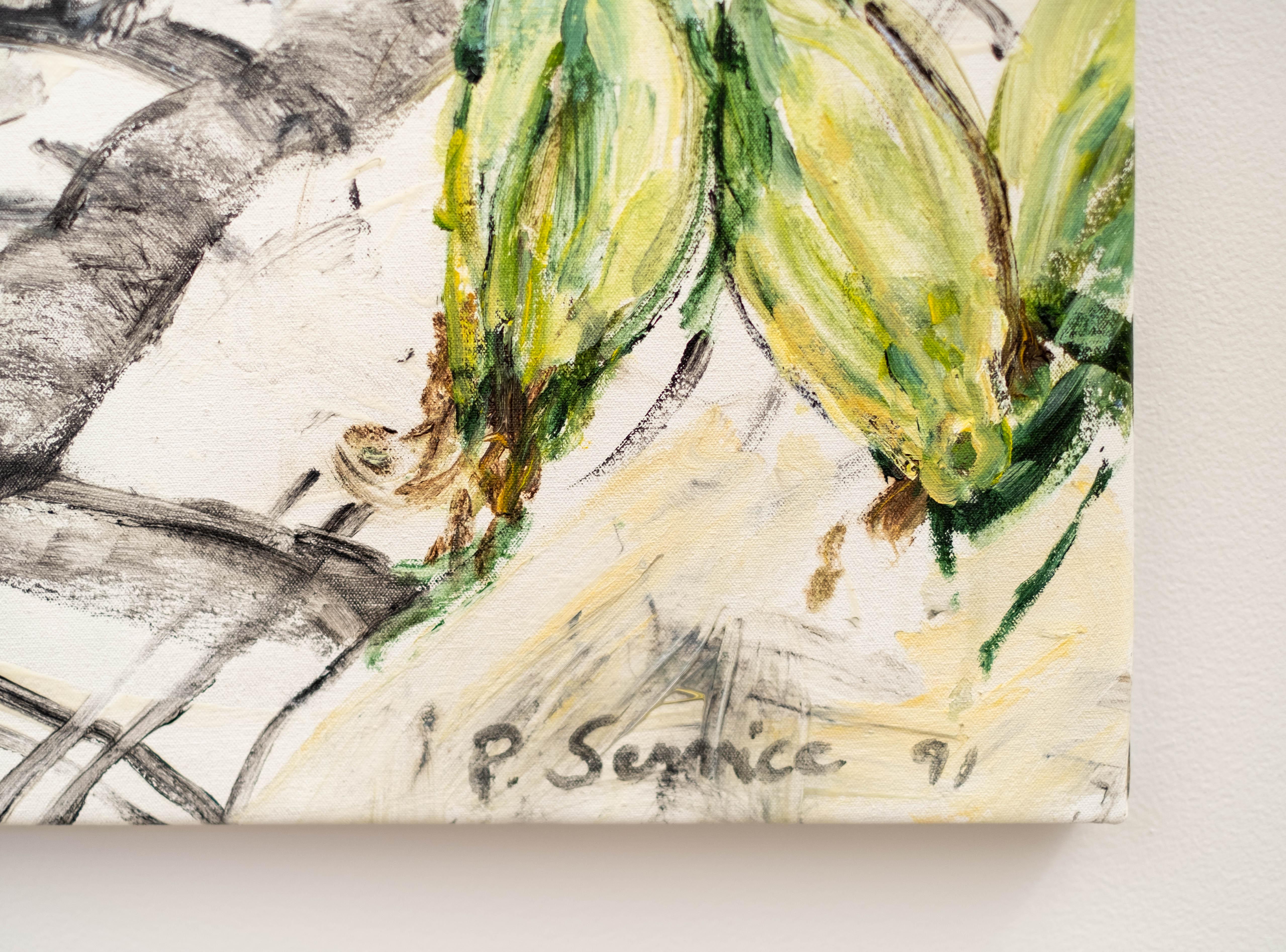 This delightful, colorful painting of a floral still life illustrates Pat Service’s superb use of color, pattern, texture and form. 

Inspired by the classic still life paintings of famous French artists like Matisse and Manet, Pat Service chose to