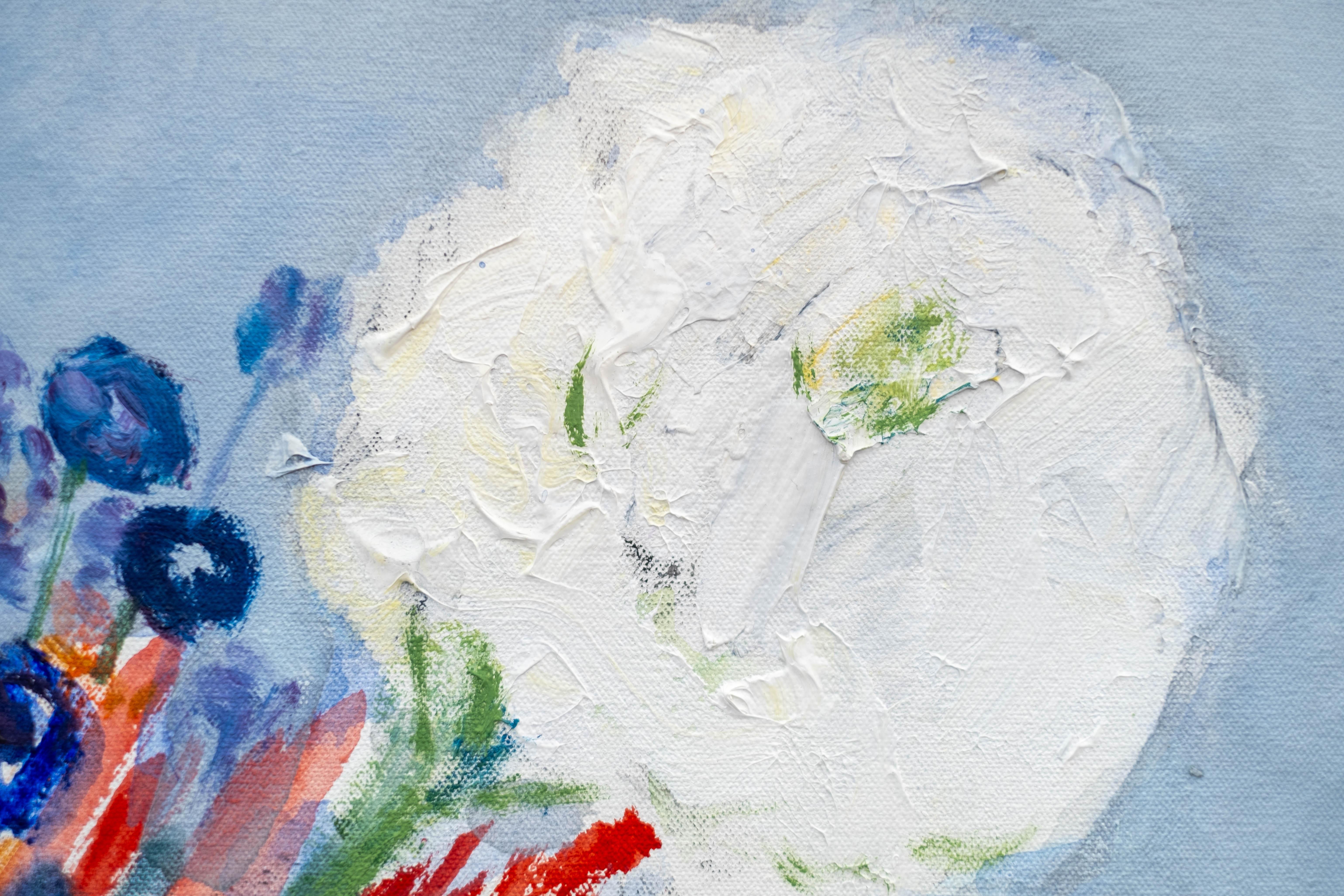 August Still Life - contemporary, floral, still life, acrylic and oil on canvas For Sale 4