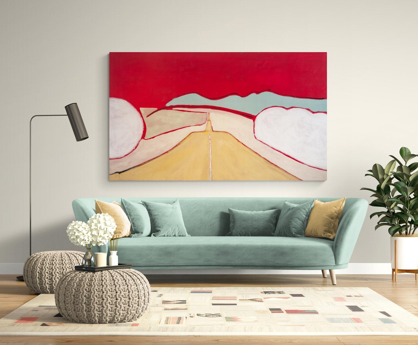 Big Red Trip - große, leuchtende, farbenfrohe, abstrahierte Landschaft, Acryl auf Leinwand im Angebot 6