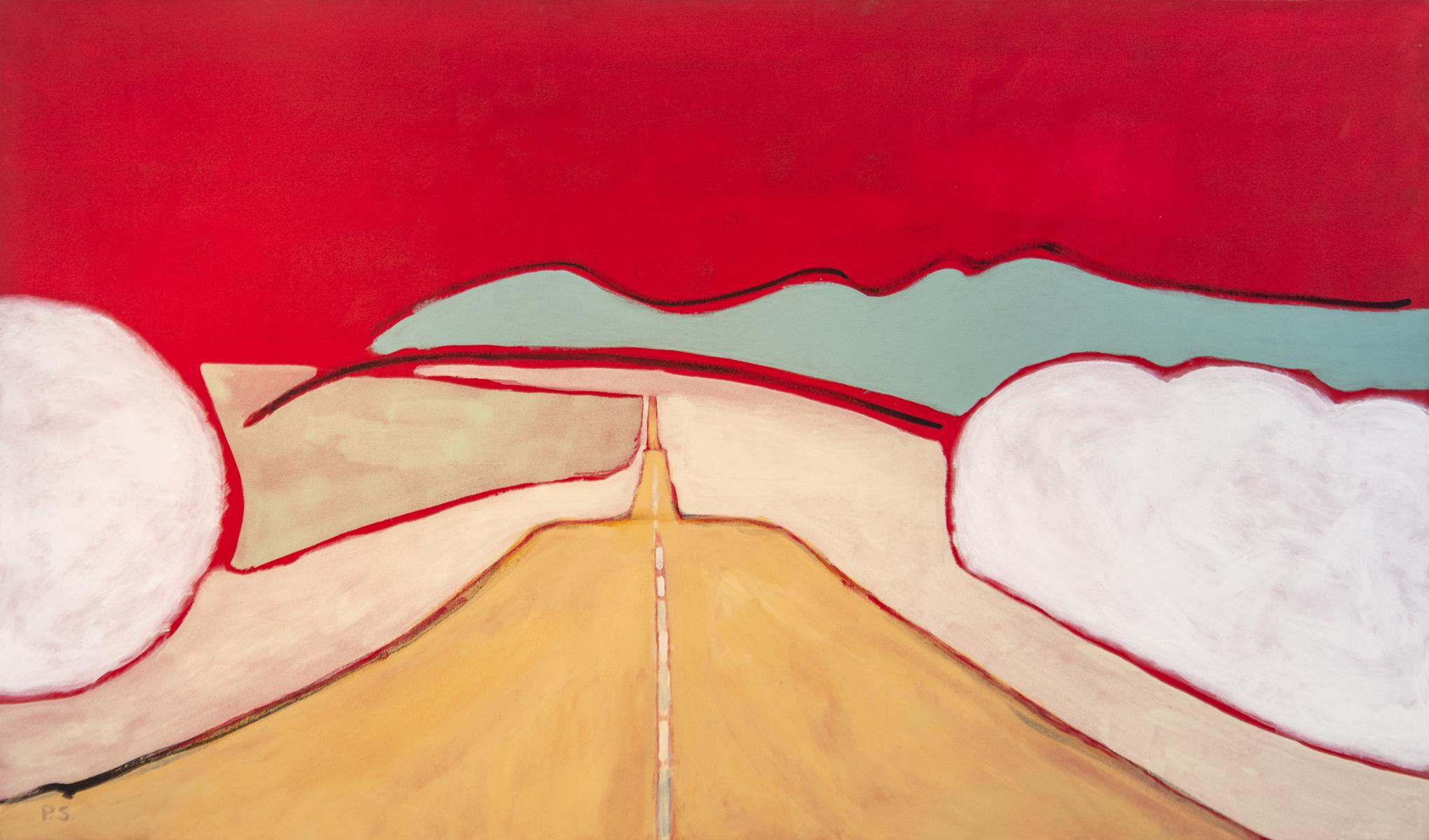 Big Red Trip - large, bright, colorful, abstracted landscape, acrylic on canvas - Painting by Pat Service