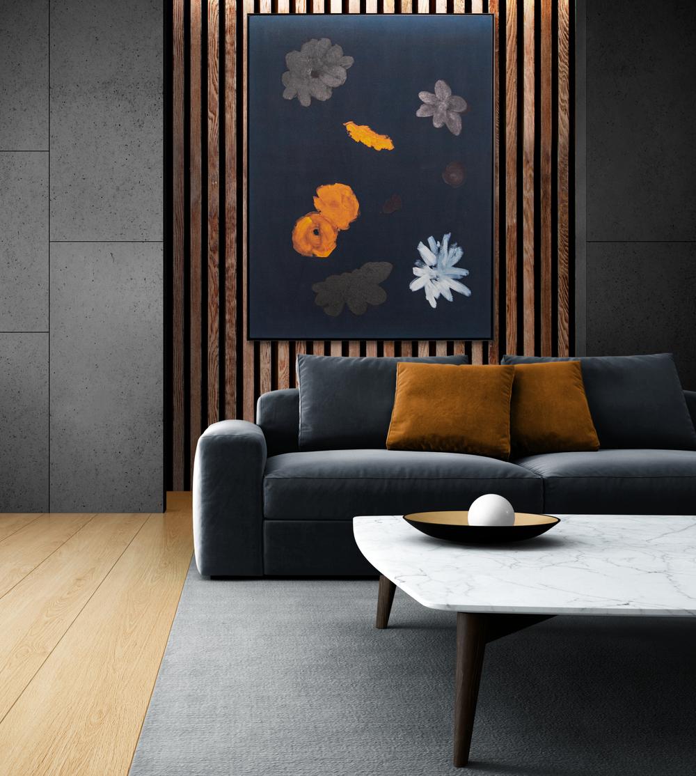 Matte black offers a striking background for this abstract painting by Pat Service. Bright orange and white flowers pop against the black as several other floral shapes in muted shades offer contrast. Service is a colourist and using glazes and