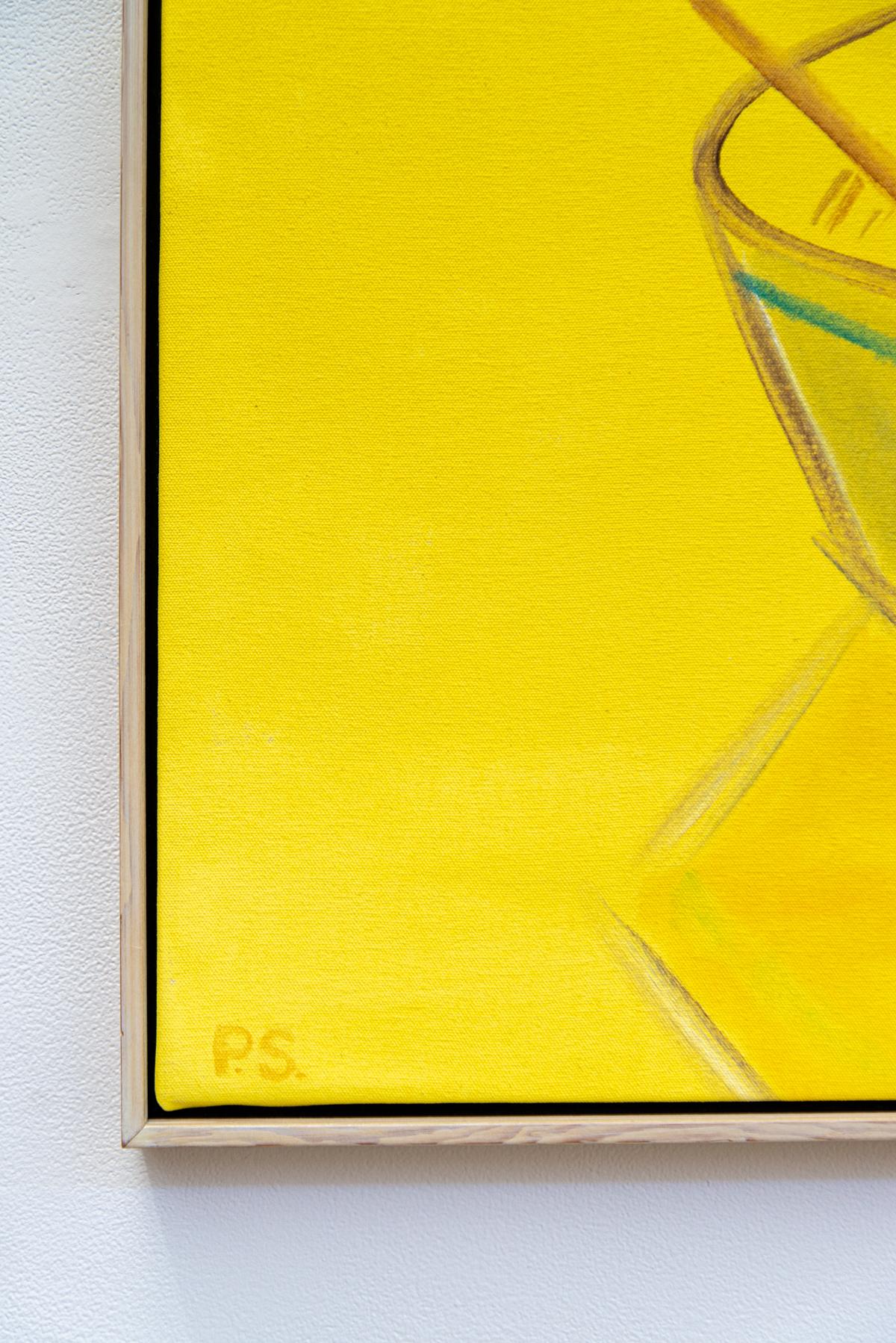 Boat 6 - bright, yellow, minimalist, abstracted waterscape, acrylic on canvas - Yellow Abstract Painting by Pat Service