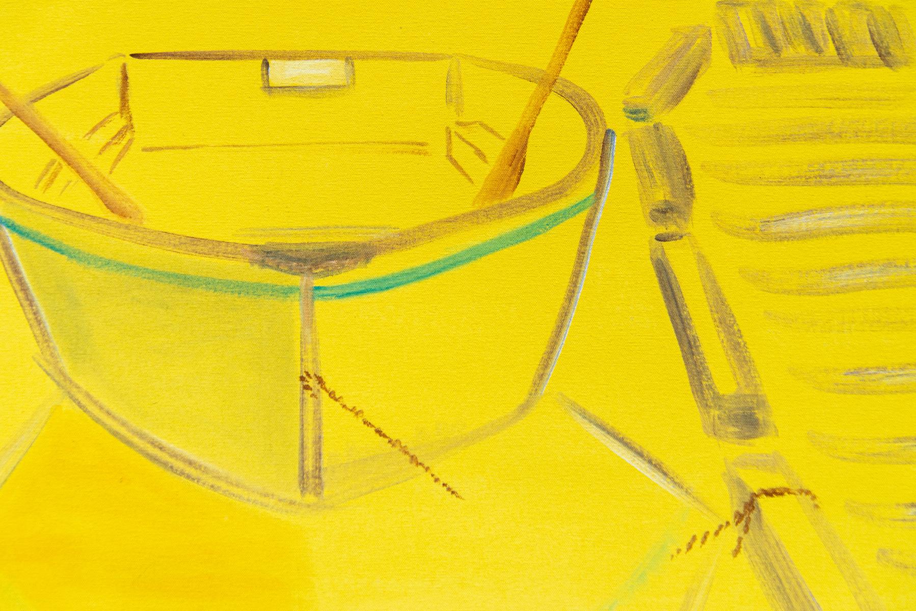In brilliant yellow, Vancouver artist Pat Service has captured the classic image of a rowboat, moored to a dock. The form is near abstraction as only the outline of the boat in brown is visible. Service uses colour to great effect here with a touch