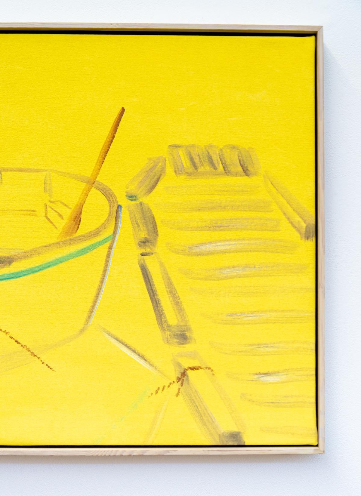 Boat 6 - paysage aquatique abstrait brillant, jaune, minimaliste, acrylique sur toile en vente 2