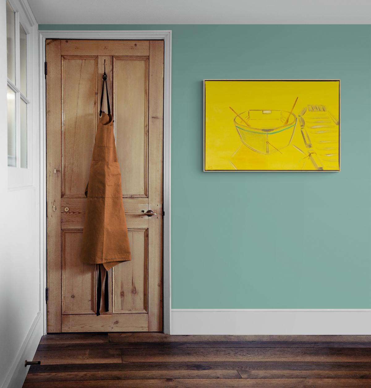 Boat 6 - paysage aquatique abstrait brillant, jaune, minimaliste, acrylique sur toile en vente 3