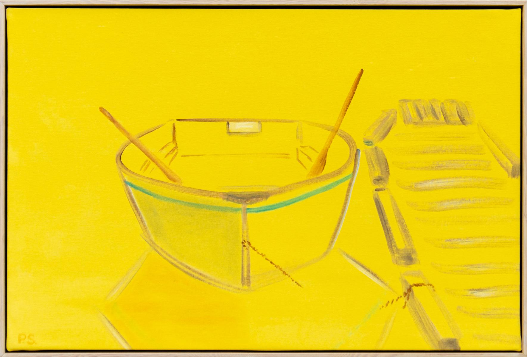 Abstract Painting Pat Service - Boat 6 - paysage aquatique abstrait brillant, jaune, minimaliste, acrylique sur toile
