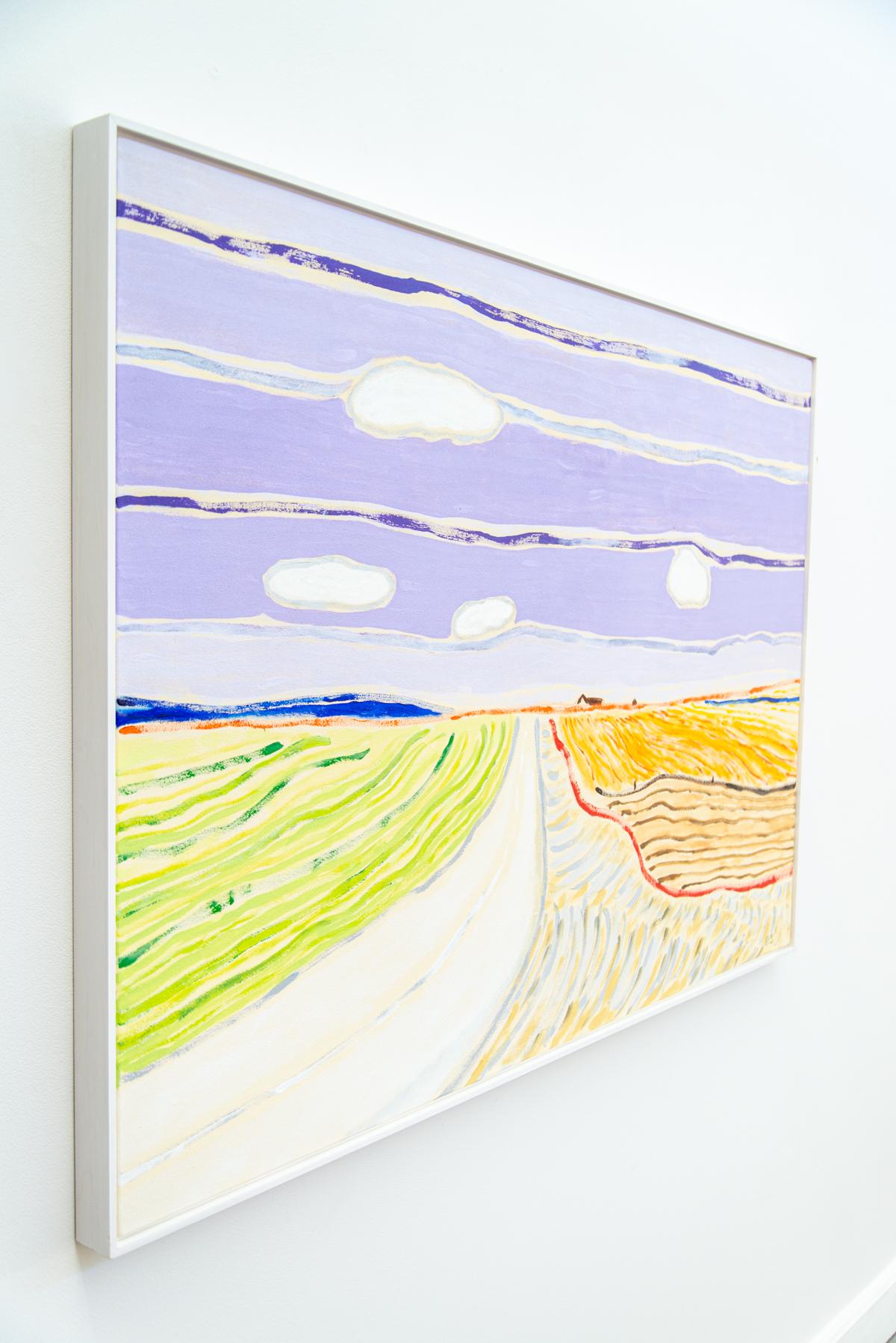 Pat Service has captured the big sky and wide-open spaces of the prairie in this charming colourful landscape. Reminiscent of Van Gogh’s form and palette, the mauve sky, green, orange, and yellow crops span either side of a road that disappears into