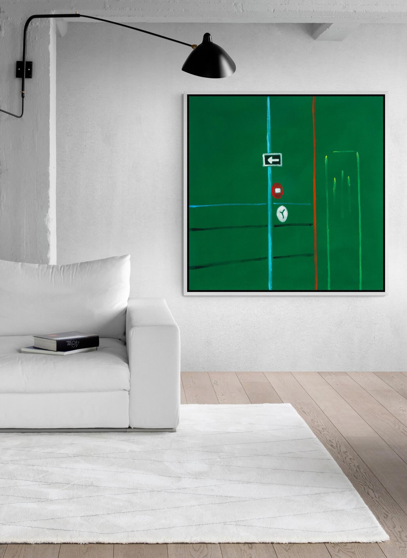 Direcciones - paisaje vibrante, verde, minimalista y abstracto, acrílico sobre lienzo en venta 3