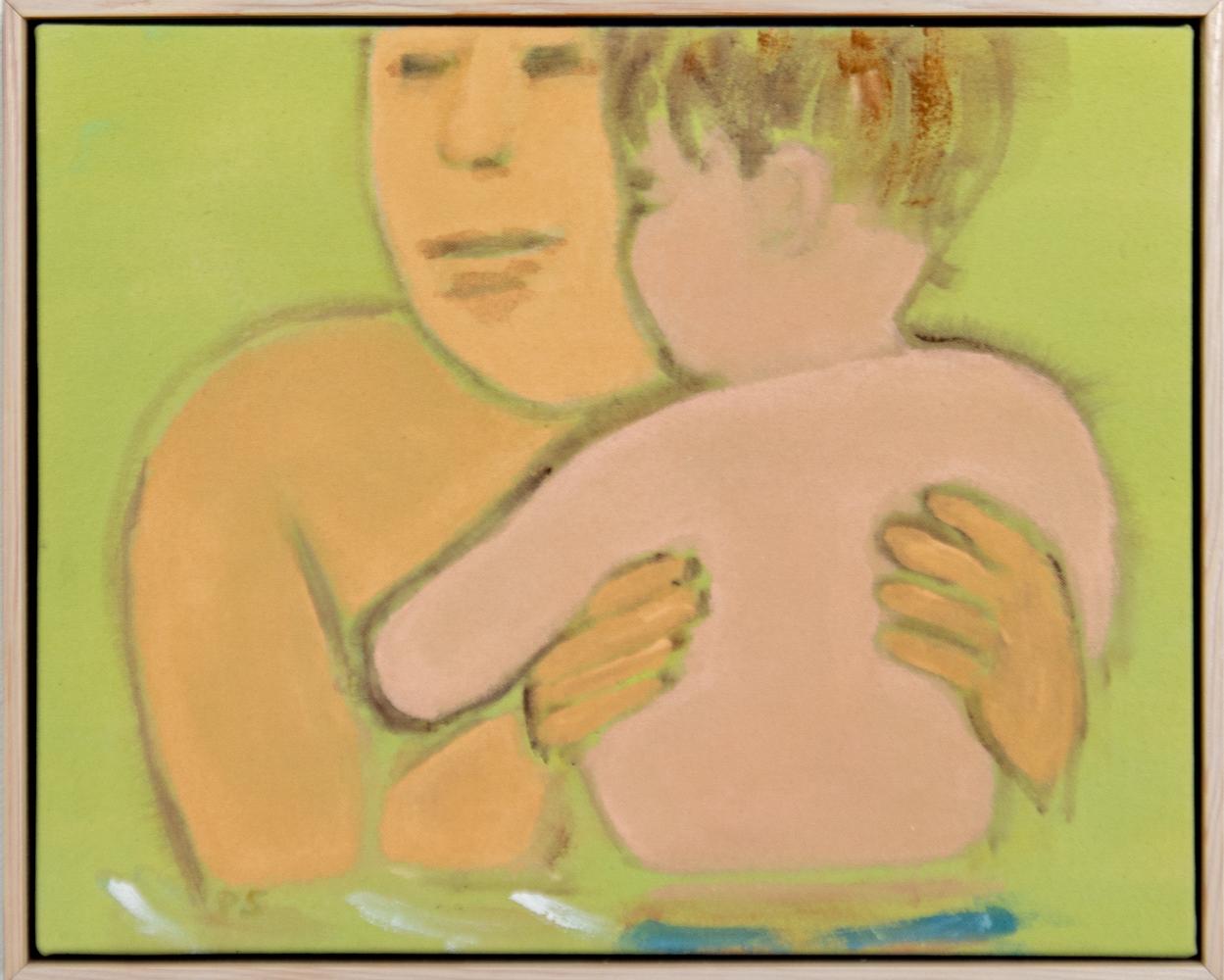 Pat Service Figurative Painting – Vater und Sohn – farbenfrohes, ausdrucksstarkes, abstrahiertes figuratives Gemälde, Acryl auf Leinwand