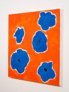 Five Flowers Blue on Red - colorful, minimal, abstract, floral, oil on canvas