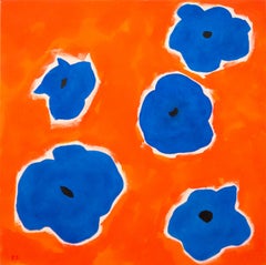 Five Flowers Blue on Red - colorful, minimal, abstract, floral, oil on canvas