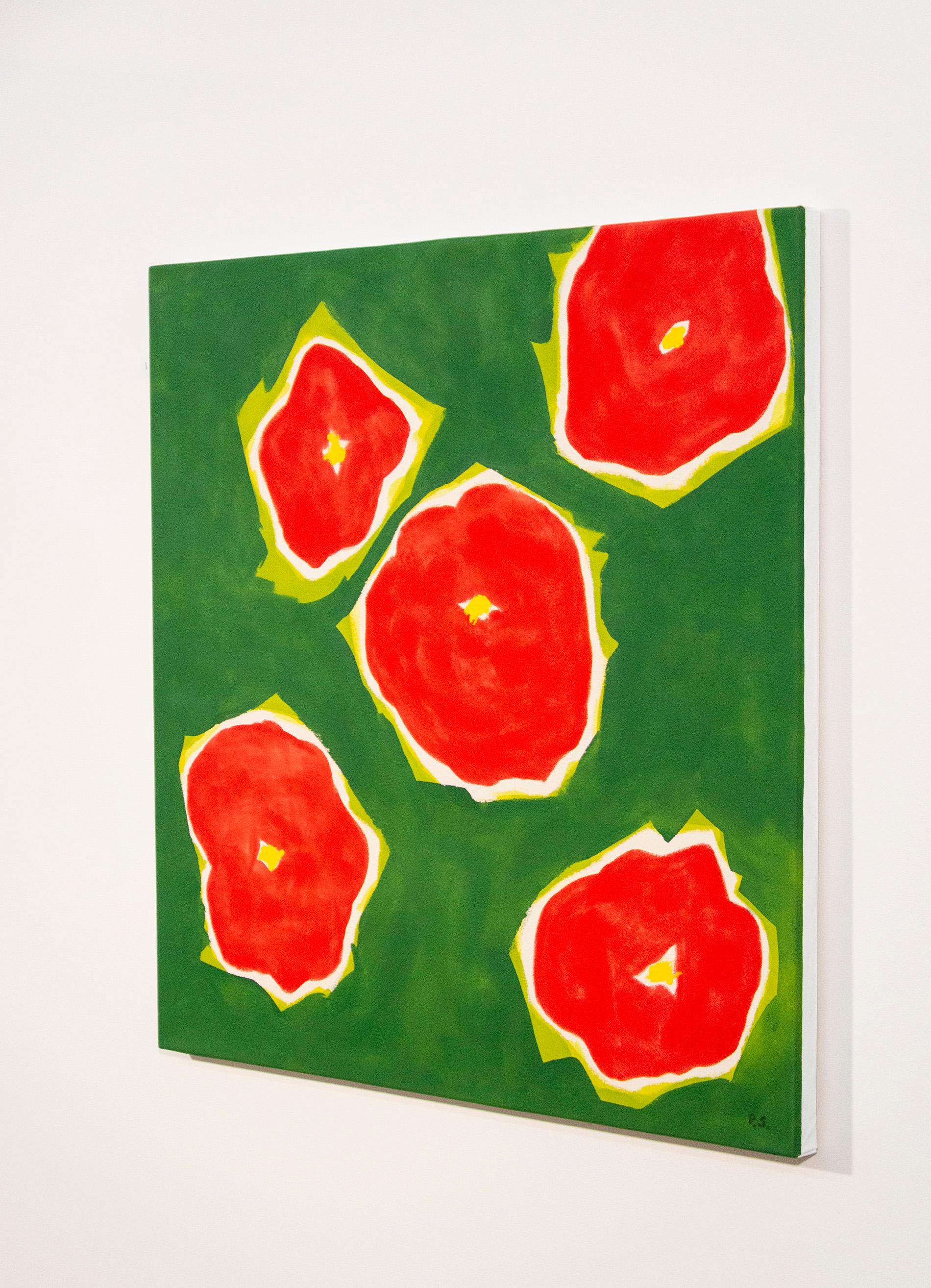 Fünf Blumen Rot auf Grün - farbenfrohe, minimalistische, abstrakte, florale Ölgemälde auf Leinwand – Painting von Pat Service