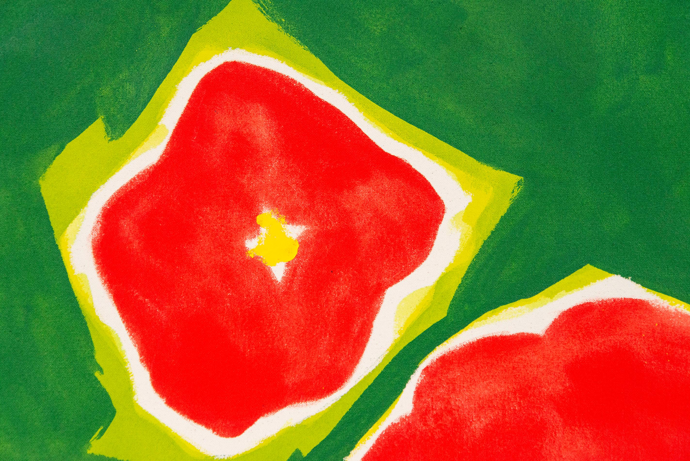 Fünf Blumen Rot auf Grün - farbenfrohe, minimalistische, abstrakte, florale Ölgemälde auf Leinwand (Zeitgenössisch), Painting, von Pat Service