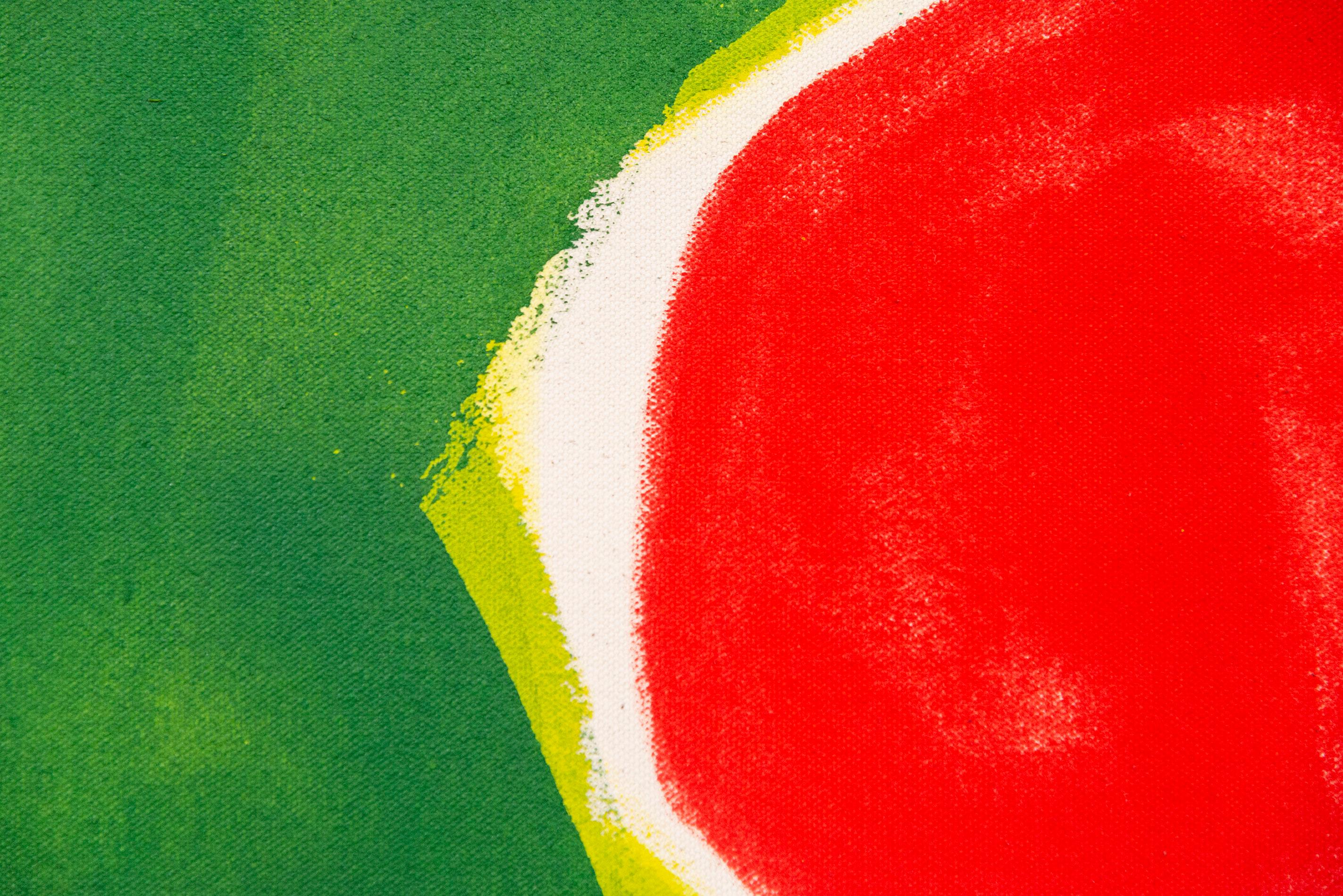 Cette peinture joyeuse et colorée est l'œuvre de l'un des meilleurs paysagistes canadiens, Pat Service.

Ici, le jardinier passionné utilise des couleurs vives - rouge, jaune et blanc - sur un fond vert vif et des formes minimalistes pour créer une