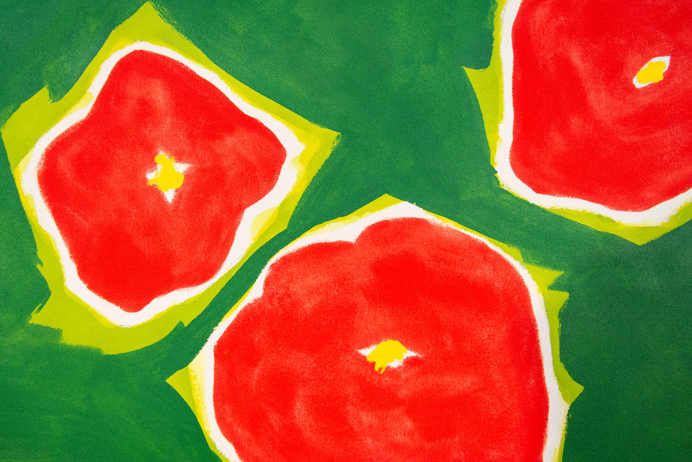 Five Flowers Red on Green - colorful, minimal, abstract, floral, oil on canvas For Sale 2