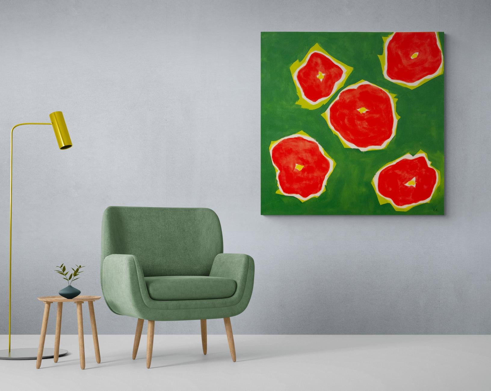 Fünf Blumen Rot auf Grün - farbenfrohe, minimalistische, abstrakte, florale Ölgemälde auf Leinwand im Angebot 3