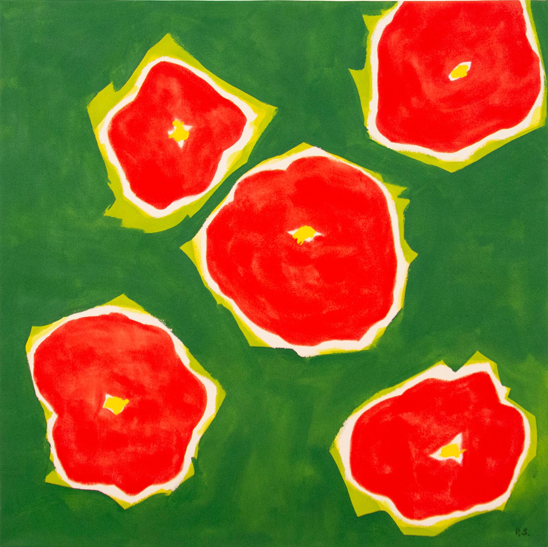 Pat Service Still-Life Painting - Five Flowers Red on Green - colorful, minimal, abstract, floral, oil on canvas